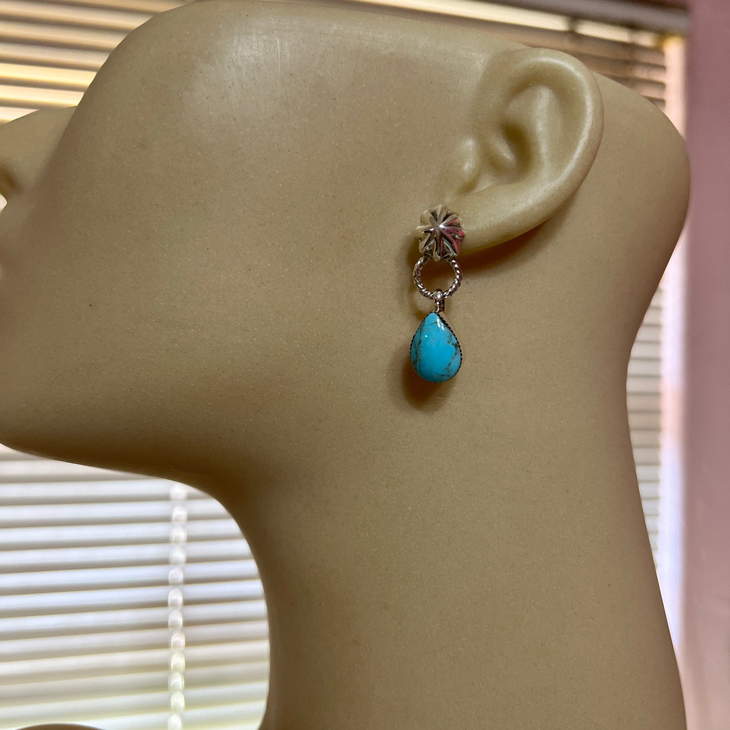 Turquoise teardrop dangle earrings #4, with small concho button post, sterling silver, Kingman Turquoise, Navajo handmade by Sheena Jack