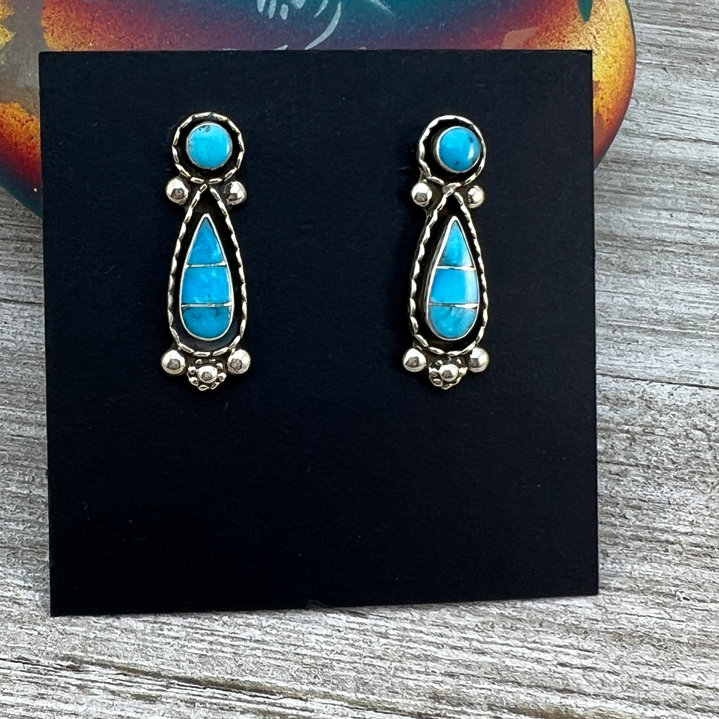 Sterling silver turquoise inlay teardrop stud earring #2, simple design Carina Leekity