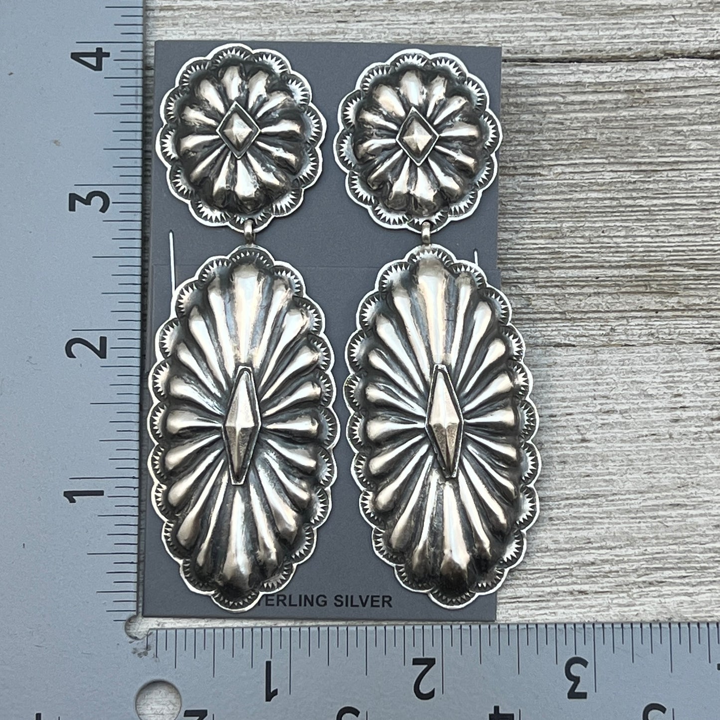 Navajo handmade large Concho long dangle earrings sterling silver Rita Lee
