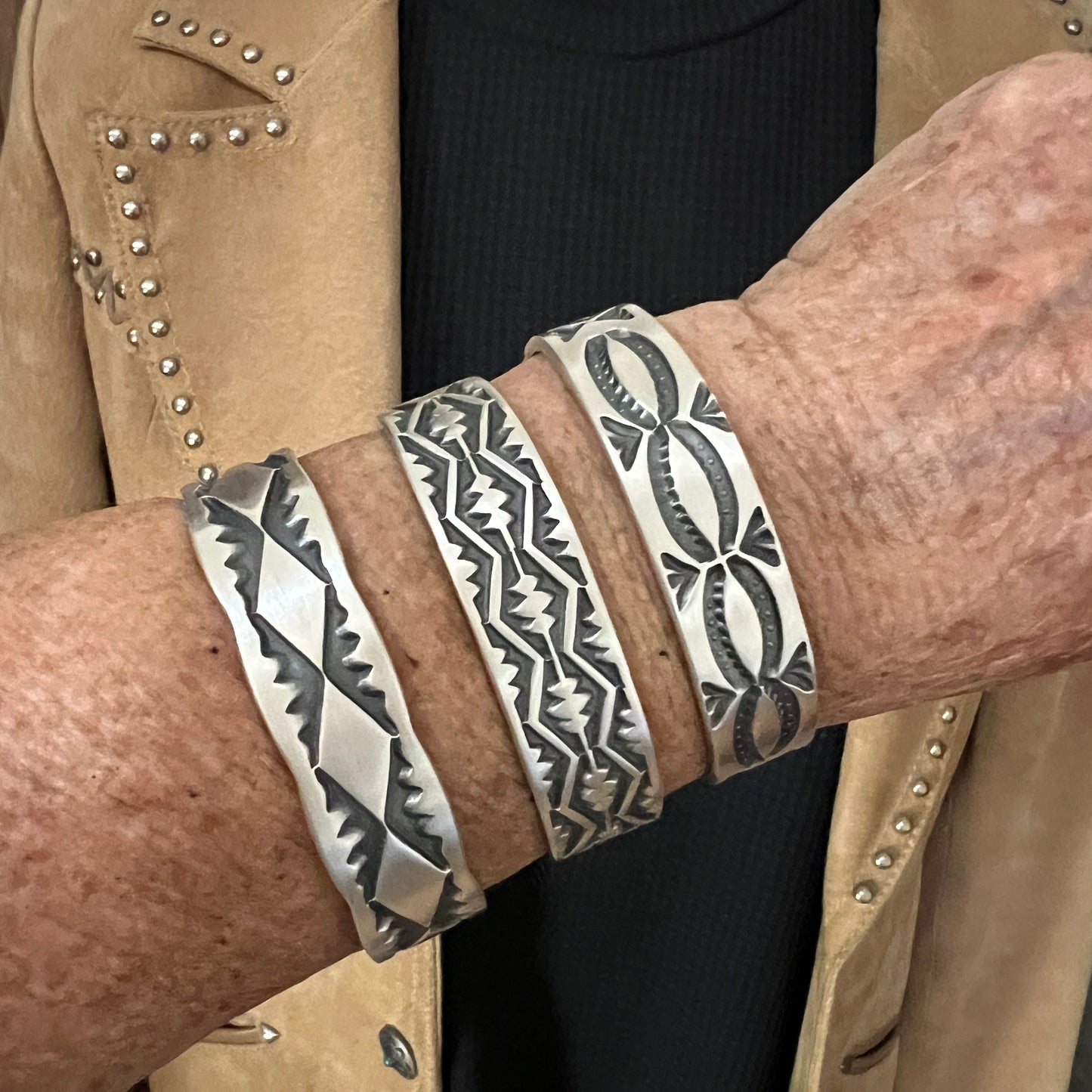 6 1/2" Heavy Stamped cuff bracelet 1, Navajo handmade Jerrold Tahe sterling silver stack