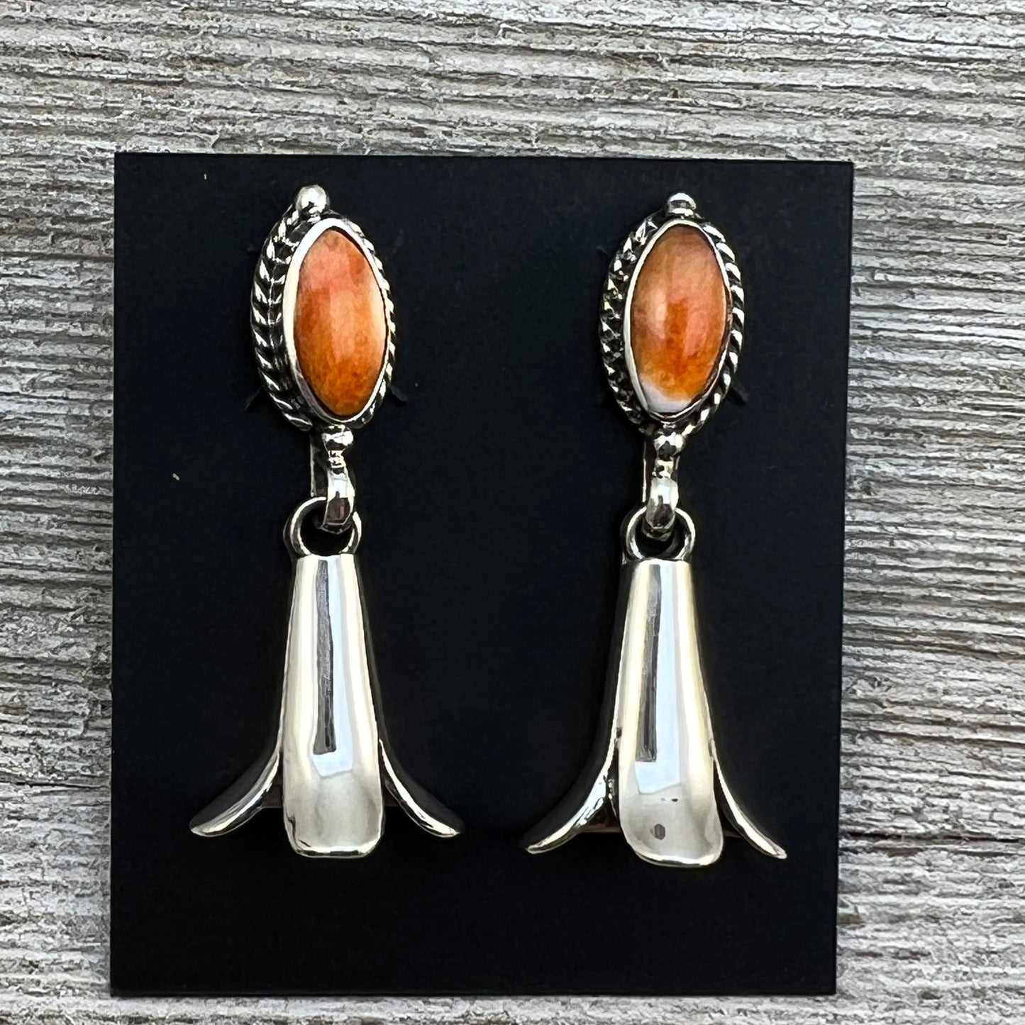 Orange Spiny Squash Blossom dangle earrings sterling silver turquoise Sheena Jack 411
