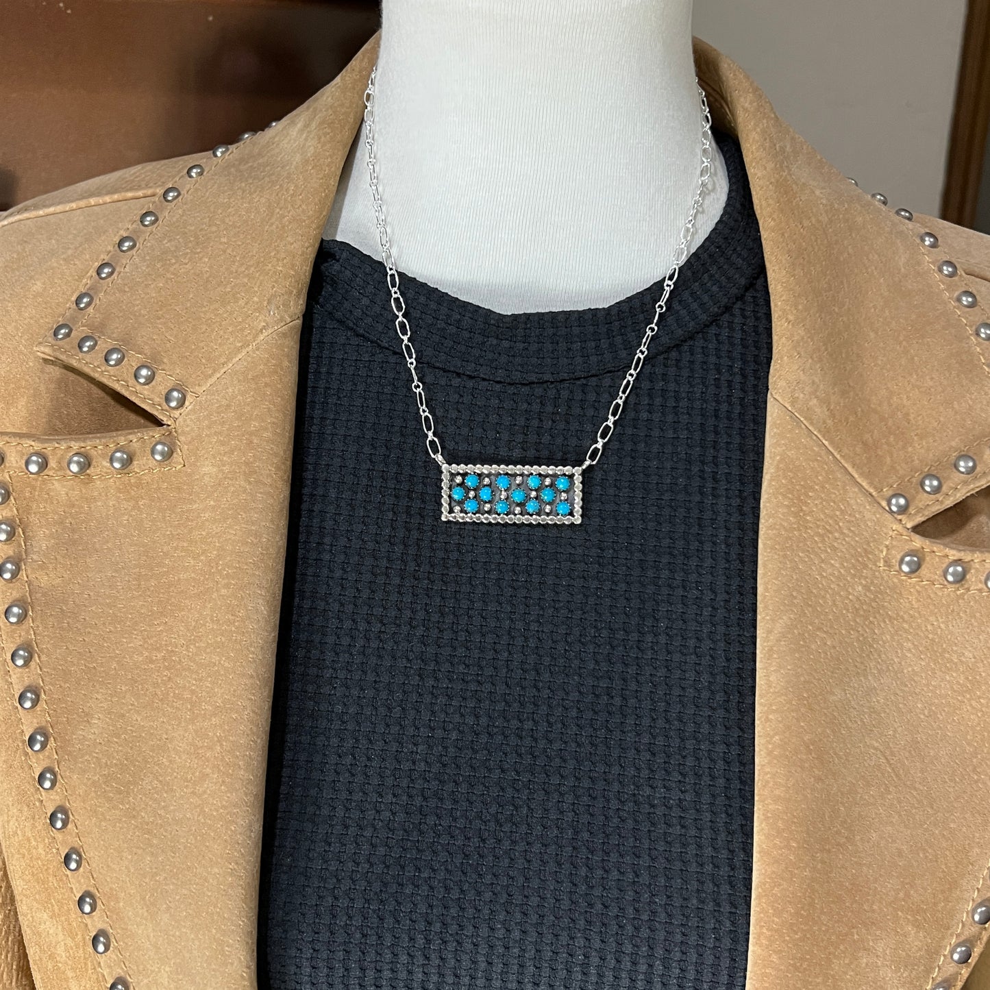 18" Zuni Snake Eye Dot Turquoise Sterling silver handmade Bar Necklace Kenny Lonjose 2
