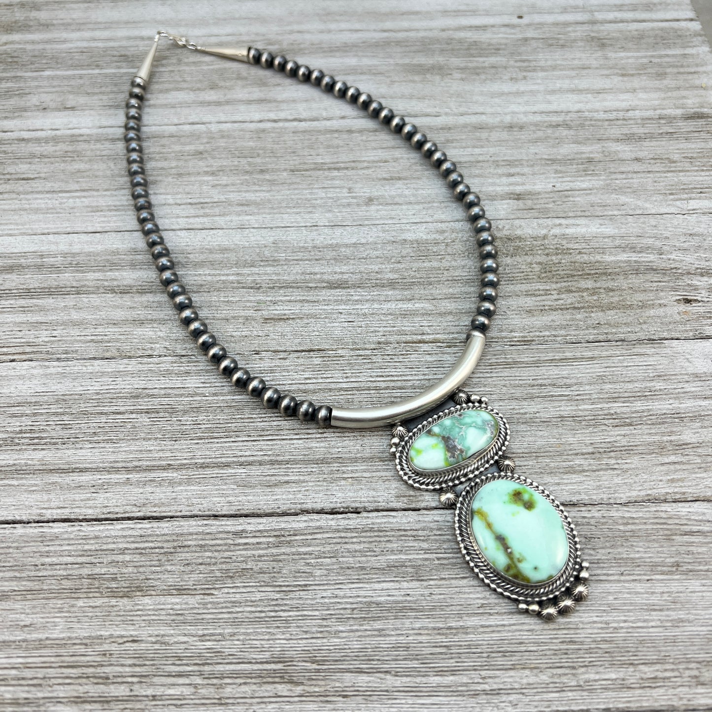 Palomino Variscite 18" necklace #4, 6mm Sterling silver oxidized beads, Southwest pearls, Navajo, TOM LEWIS