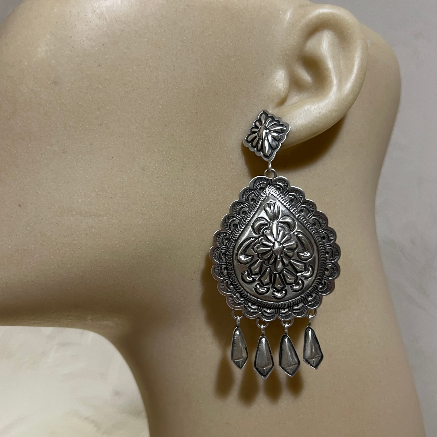Lightweight Stamped concho dangle earrings, sterling silver turquoise Navajo Terry Charlie