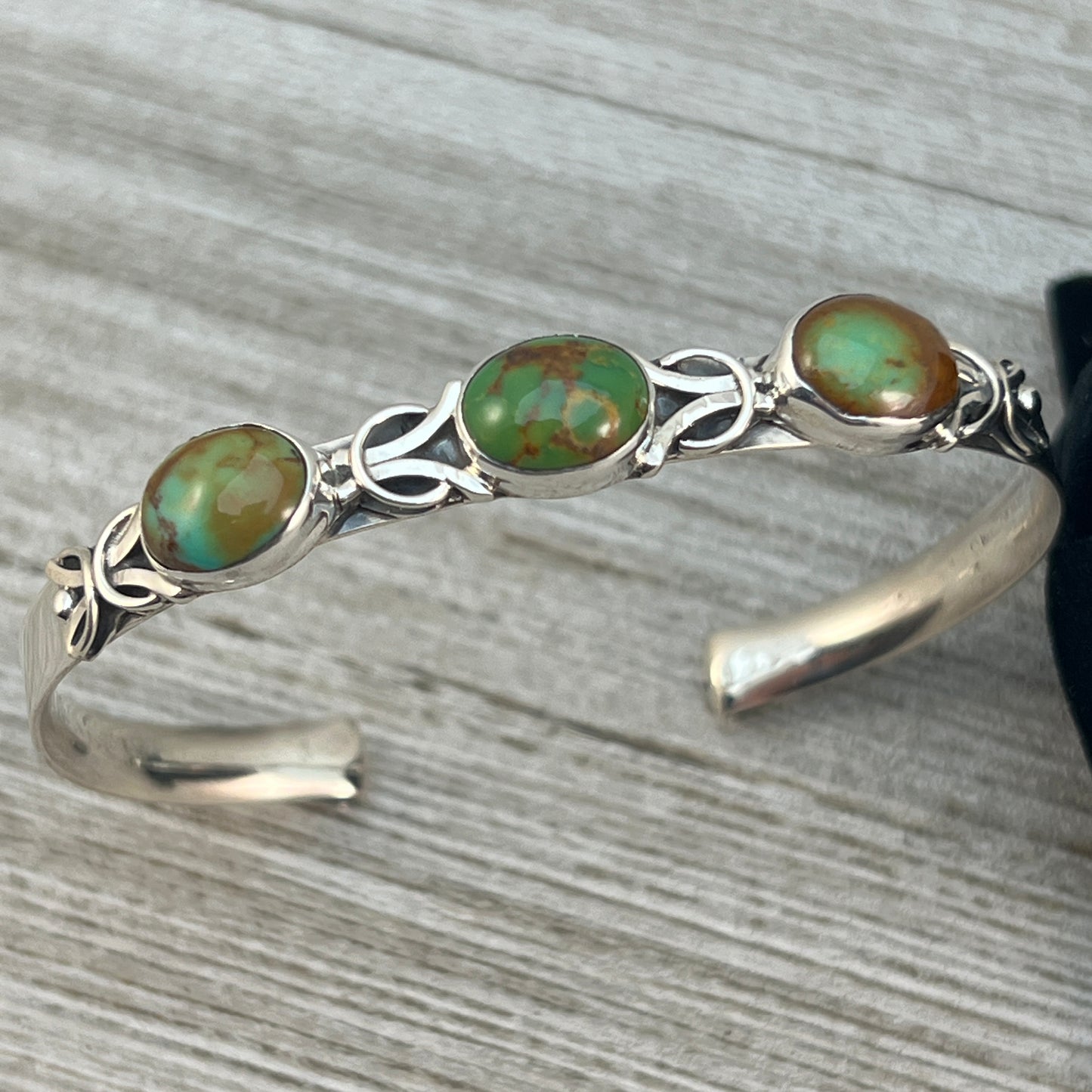6 1/2" - 7" Kingman Turquoise narrow stacker cuff bracelet #3, Navajo handmade Thomas Yazzie, sterling silver artist signed