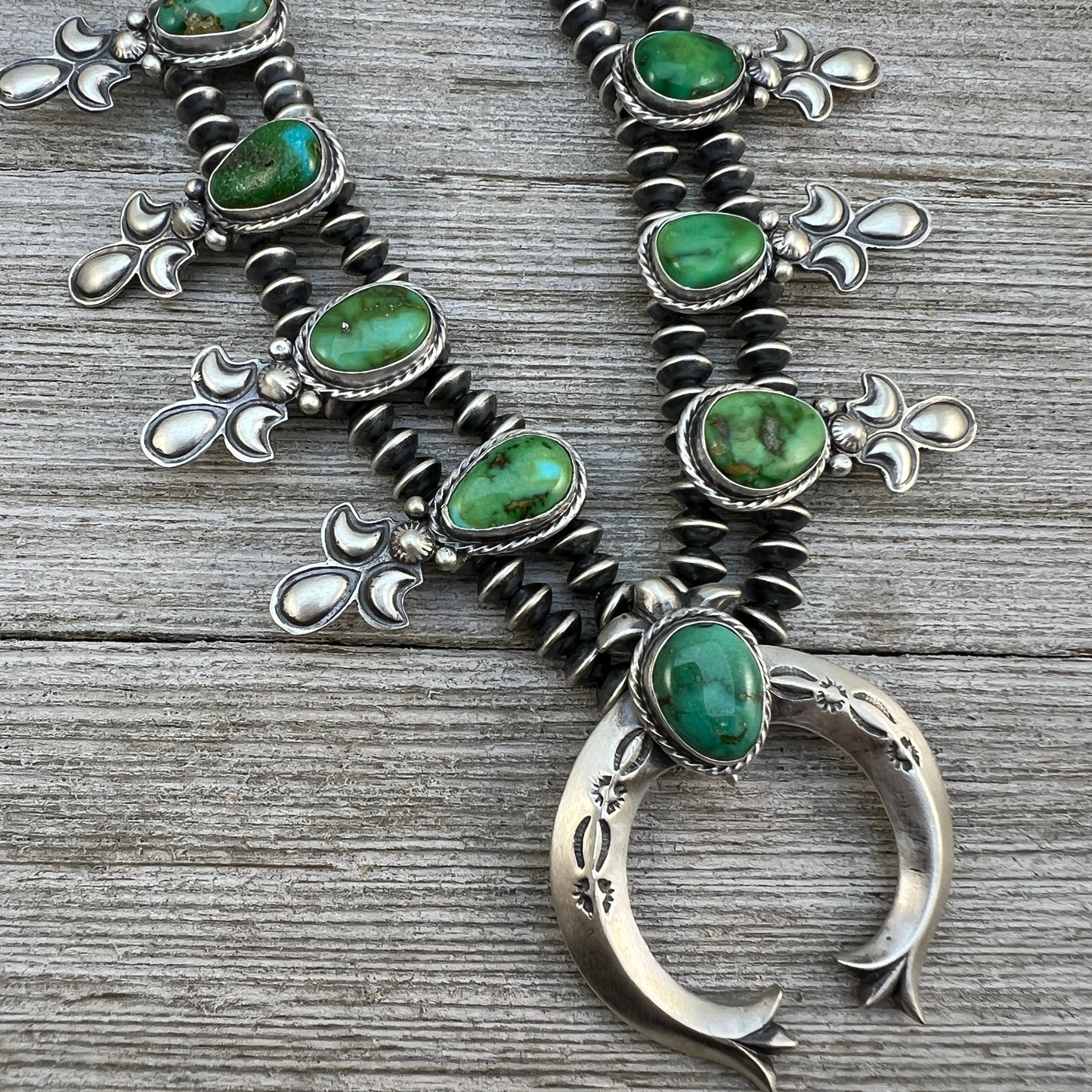 Sonoran Gold Green Turquoise Small Squash Blossom Necklace, Adrienne Gordon Navajo 1