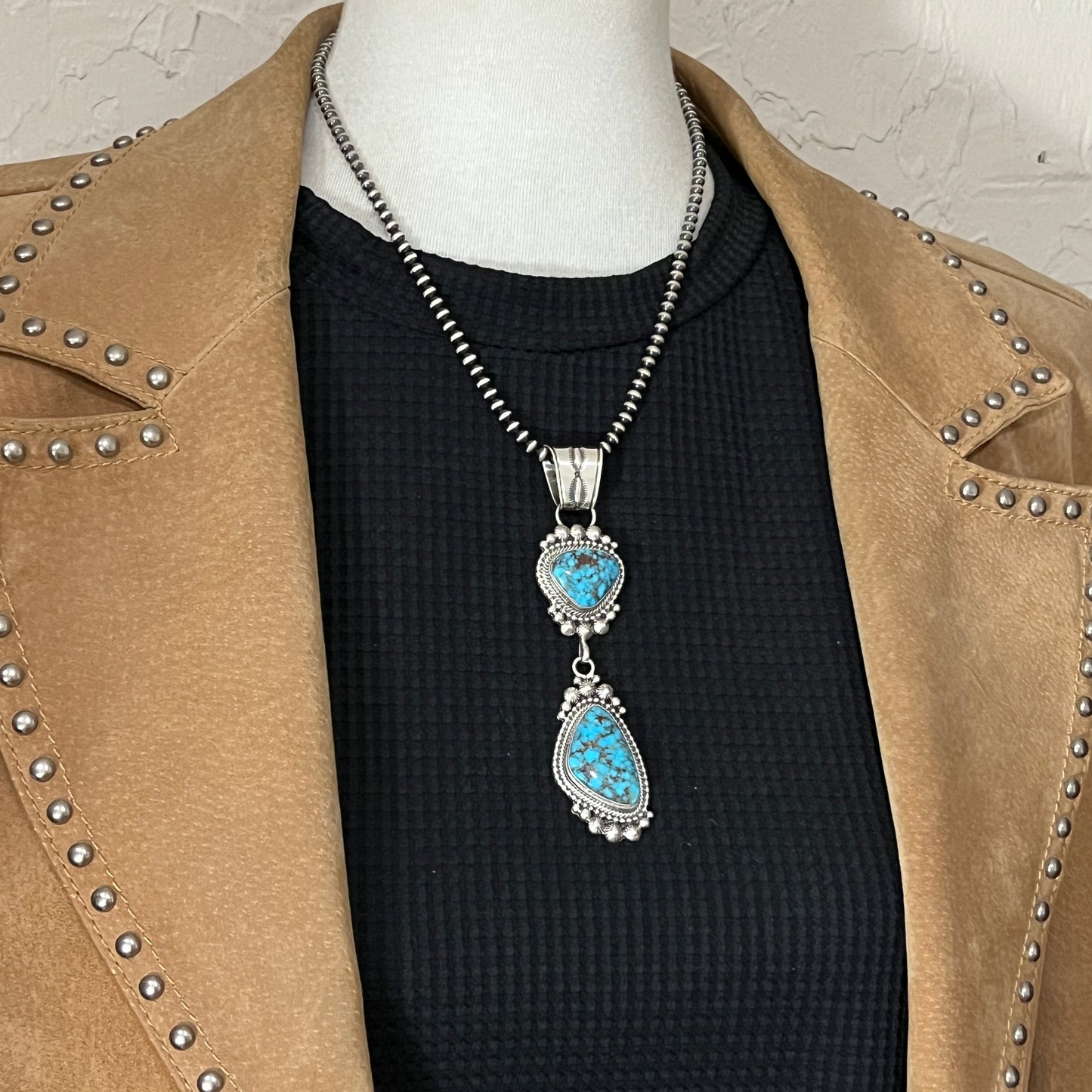 Blue Kingman Spiderweb Turquoise Pendant 2 Navajo Sterling Silver Tom Lewis