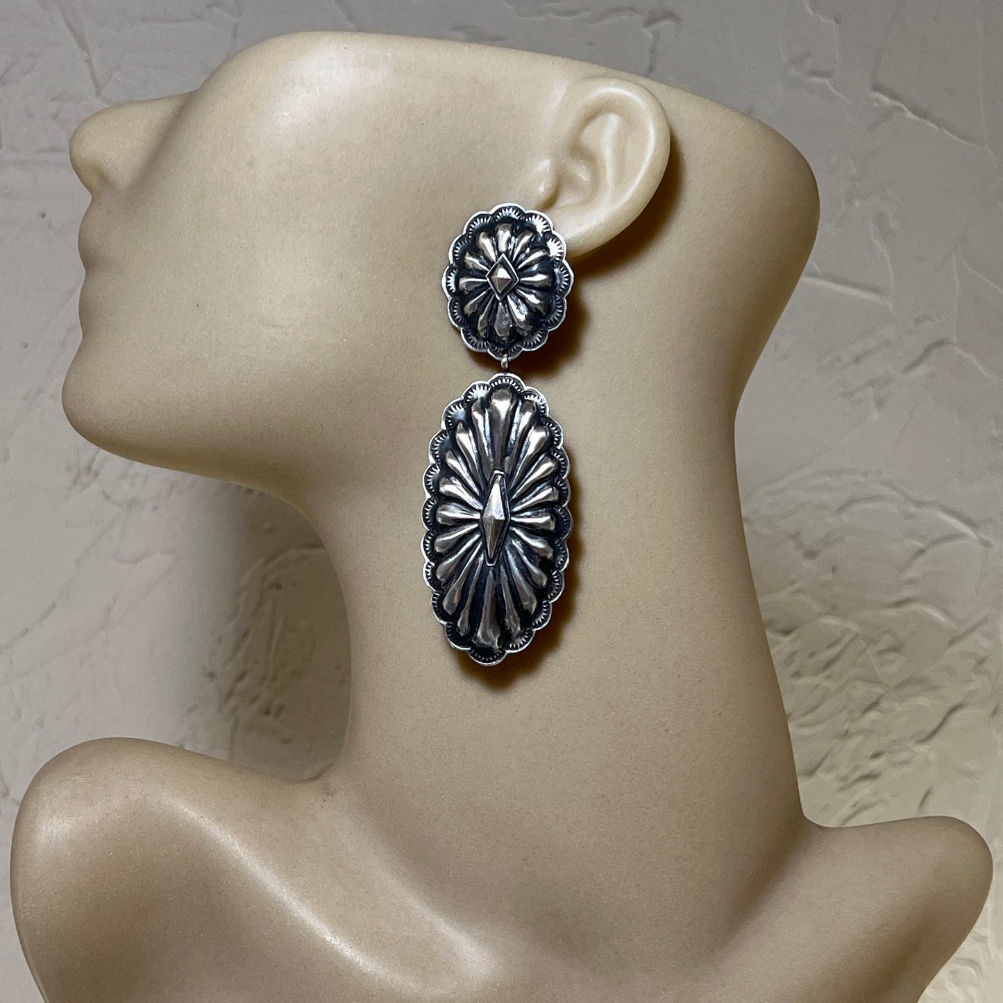 Navajo handmade large Concho long dangle earrings sterling silver Rita Lee