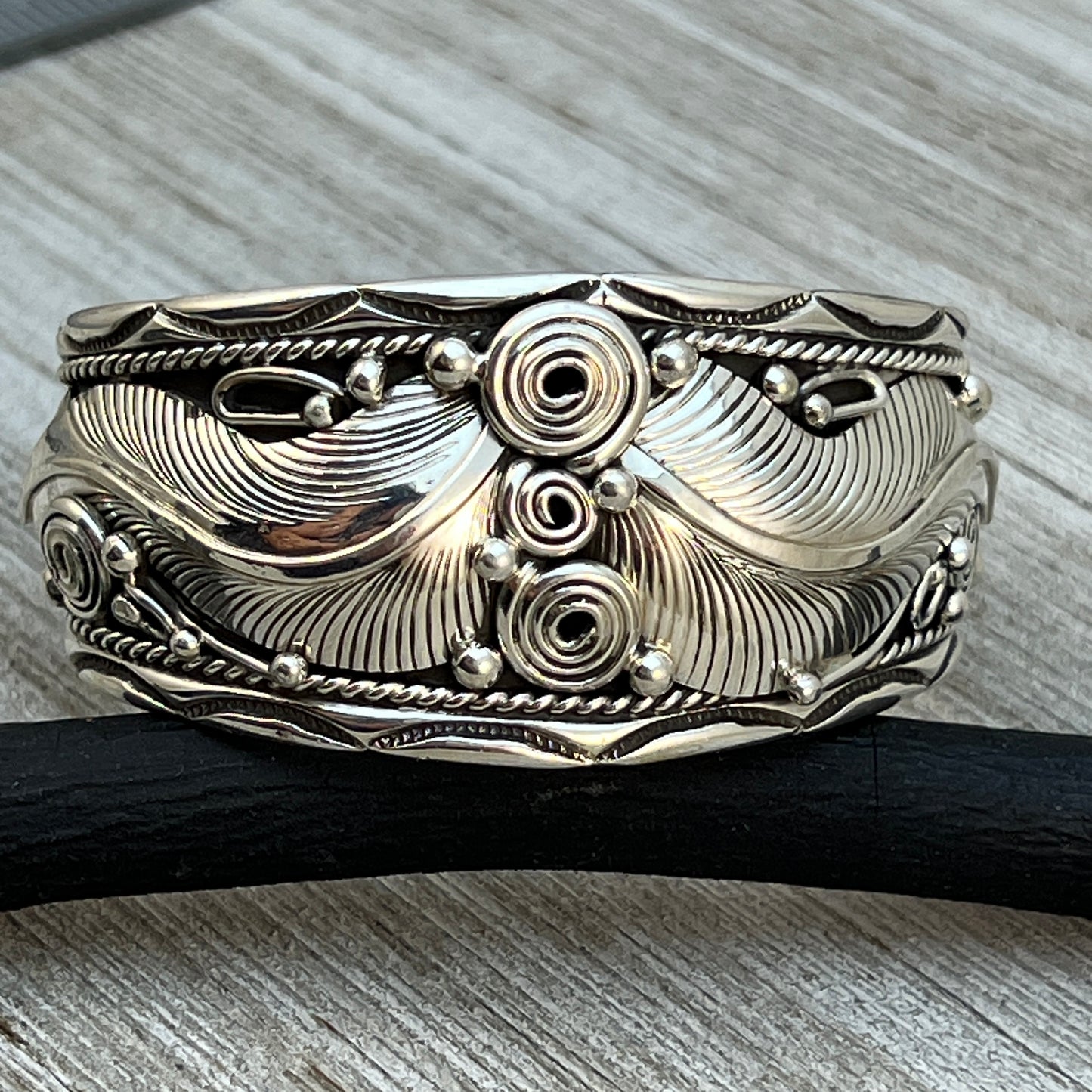 6.75" all silver floral Cuff Bracelet Navajo Darrell Morgan signed western floral design