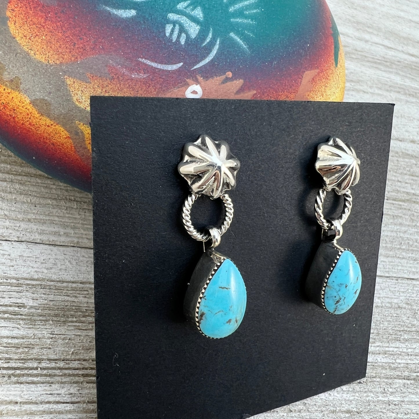 Turquoise teardrop dangle earrings #2, with small concho button post, sterling silver, Kingman Turquoise, Navajo handmade by Sheena Jack