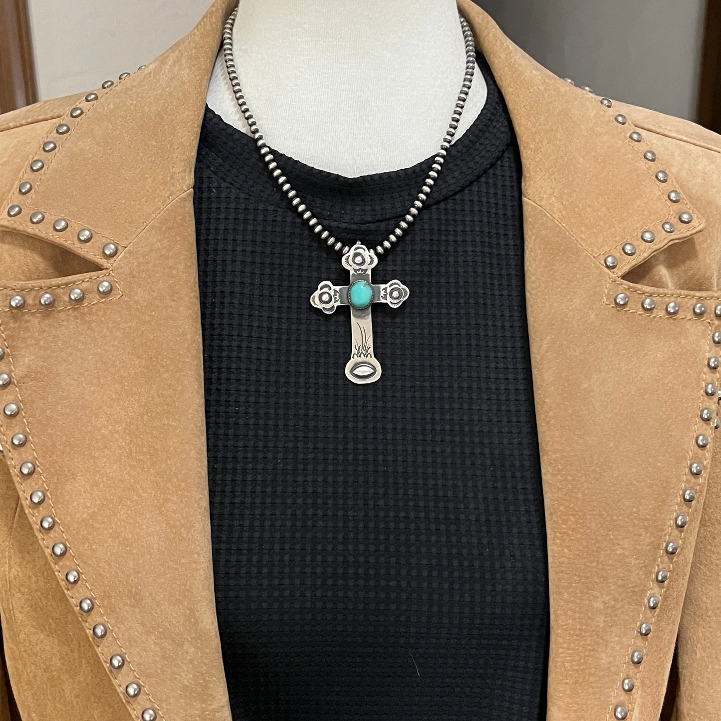 Turquoise Cross Pendant Sterling Silver Navajo handmade Martha Cayatineto