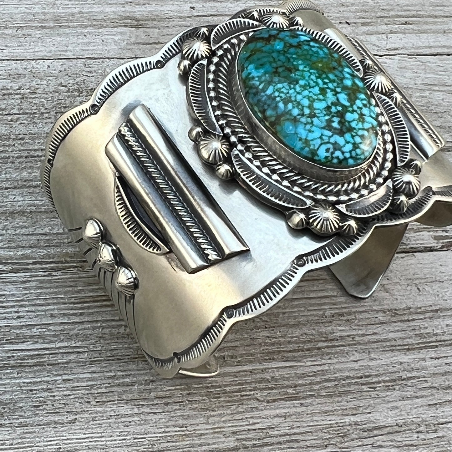 Spiderweb Kingman Turquoise Cuff Bracelet, Sterling Silver Navajo 6 1/2" Tom Lewis