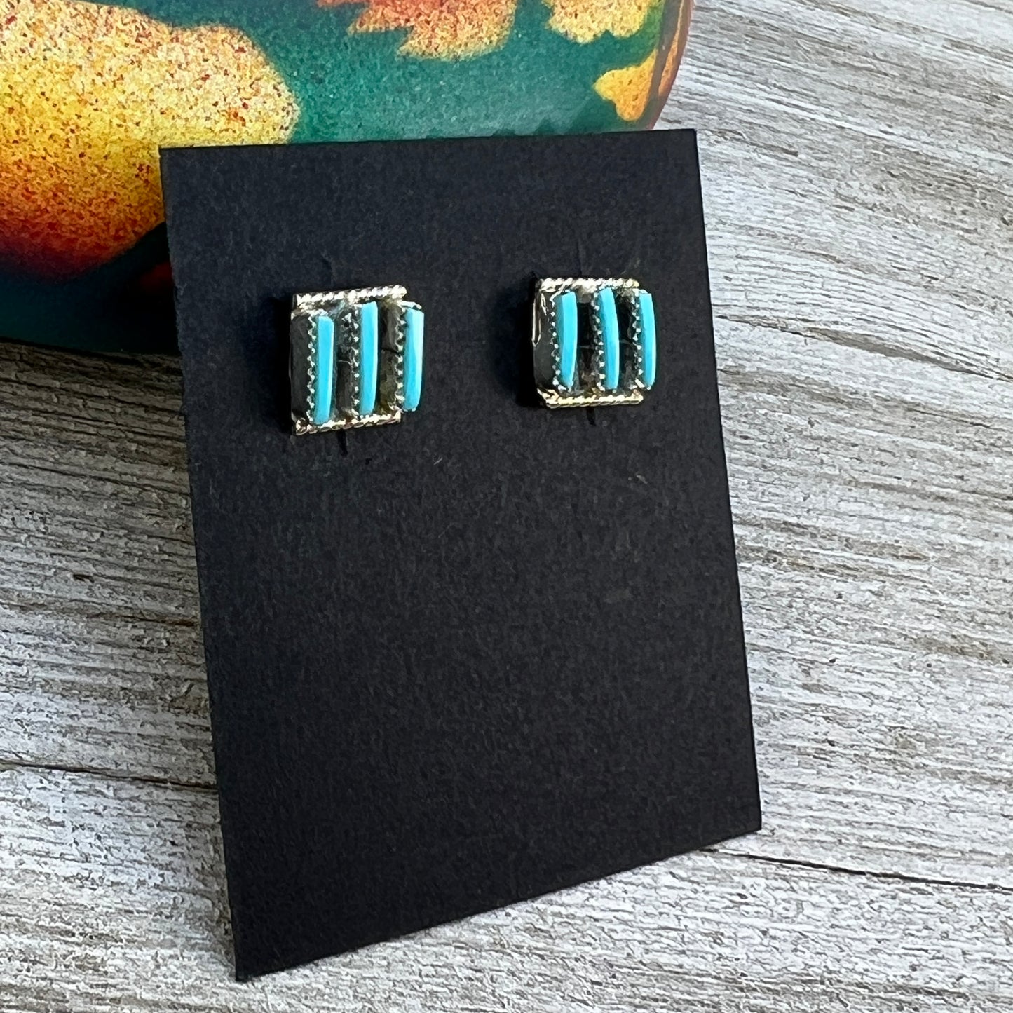 Zuni Needlepoint turquoise simple small square stud earrings sterling silver Ashley Laate