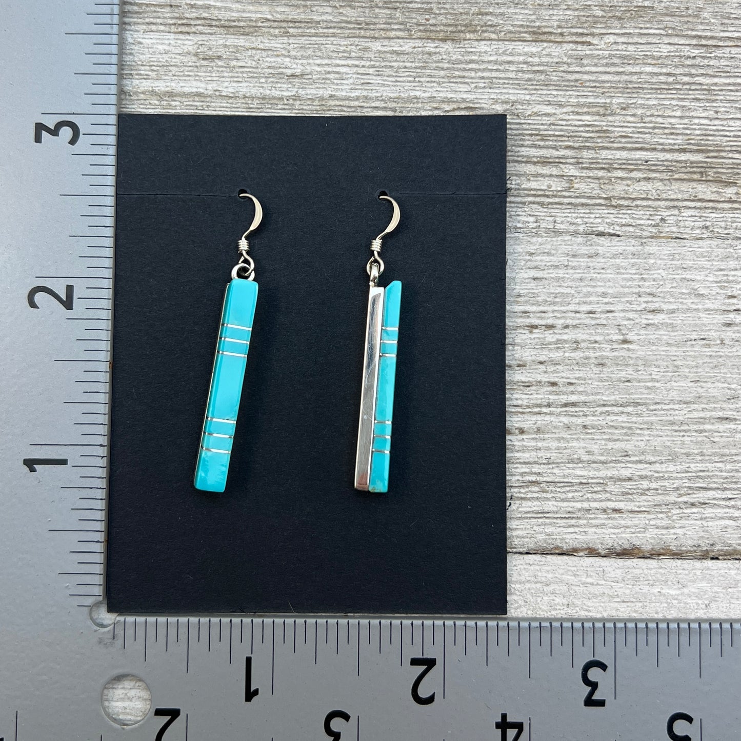 Modern Blue Turquoise inlay bar dangle earrings 1 sterling silver Zuni MaDerral Kallestewa