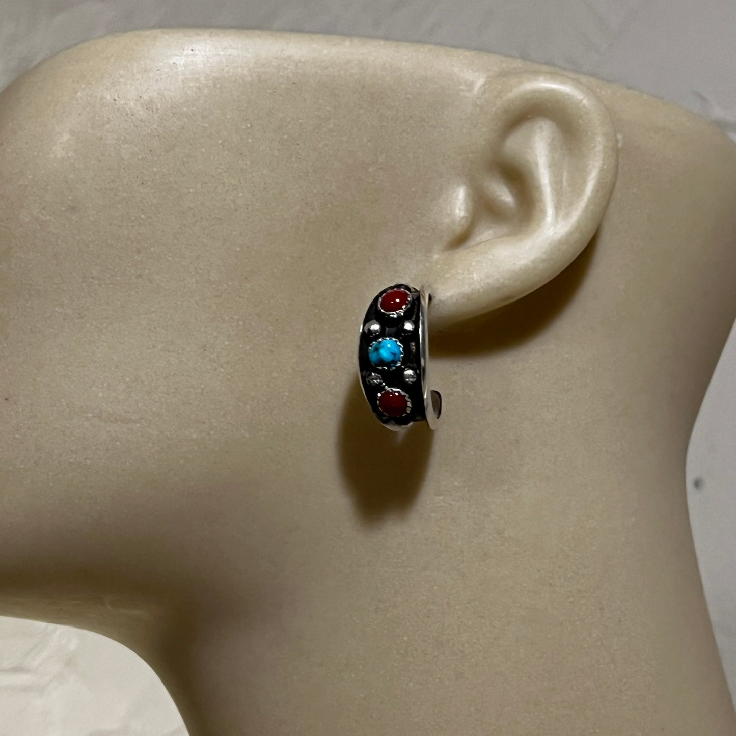 7/8" Turquoise Red Coral Hoop Earrings Navajo handmade by Paul Largo sterling silver 1