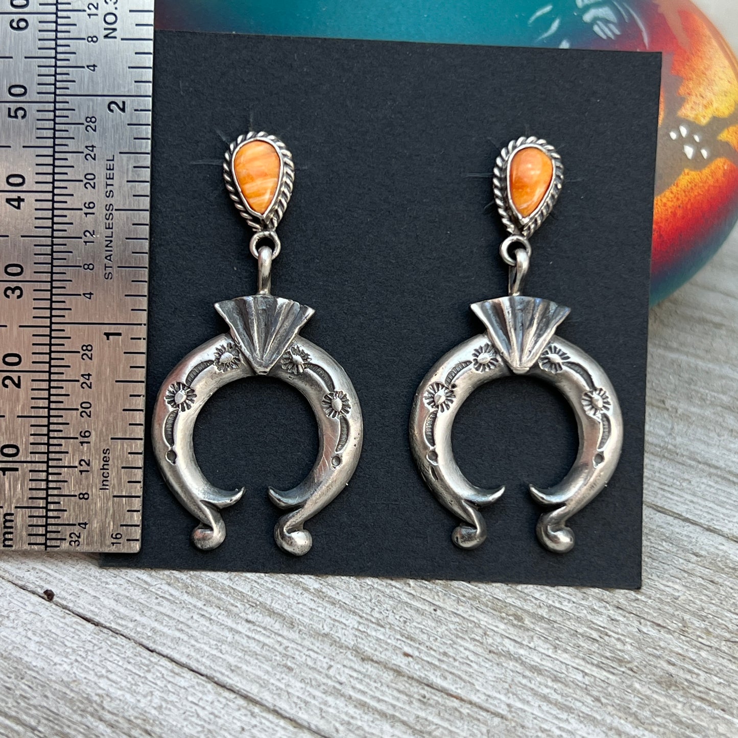 Orange Spiny Oyster Shell dangle Naja earrings sterling silver Navajo Adrienne Gordon 8