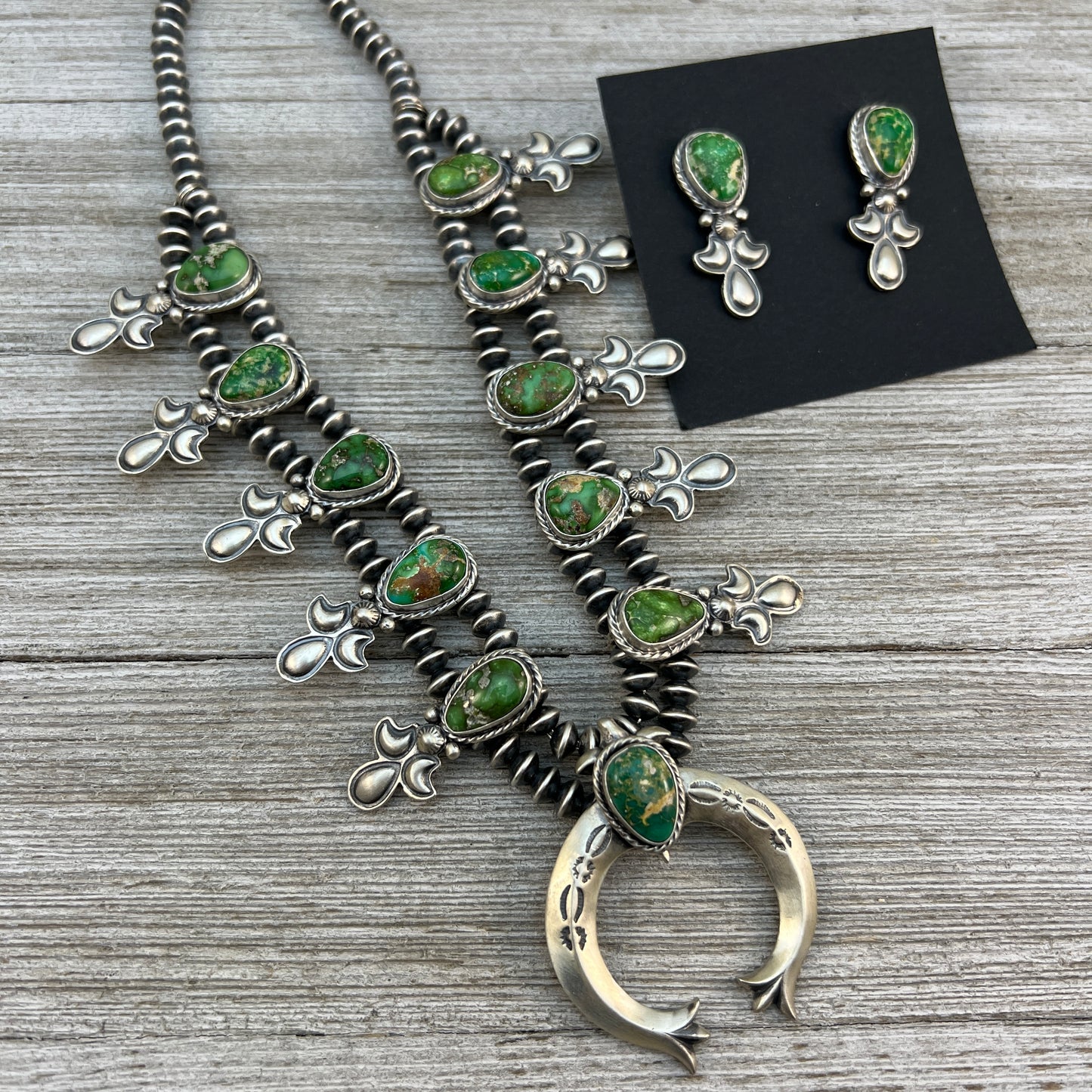 Sonoran Gold Green Turquoise Small Squash Blossom Necklace, Adrienne Gordon Navajo 3