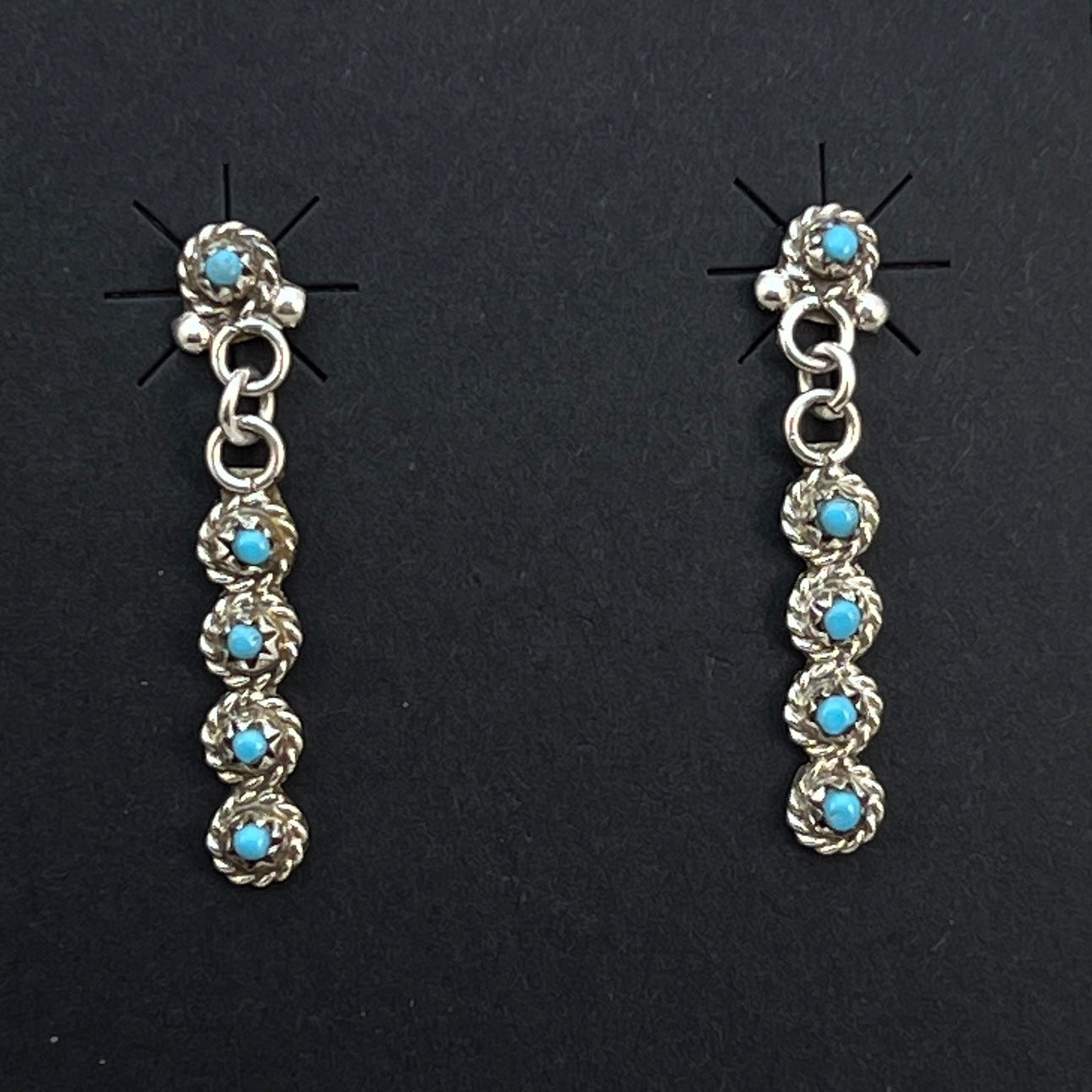 Zuni Turquoise Snake Eye Tiny Dot bar dangle earrings sterling silver Bernadette Nakatewa