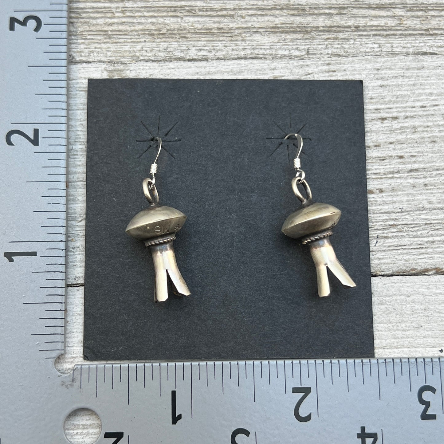 Small lightweight all silver squash blossom dangle earrings Sterling silver Monica Smith