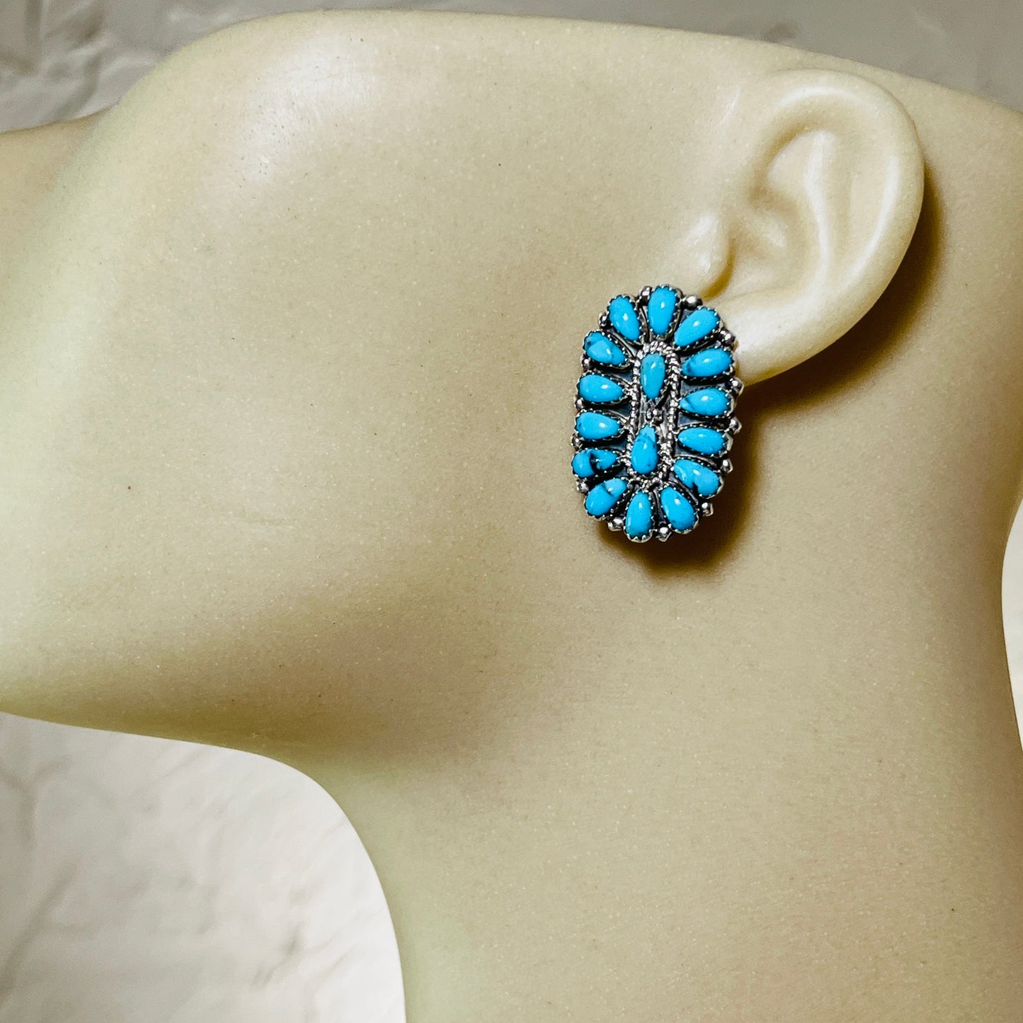 Turquoise Petit Point Oval Cluster Earrings Gerald Mitchell signed Sterling silver ER2