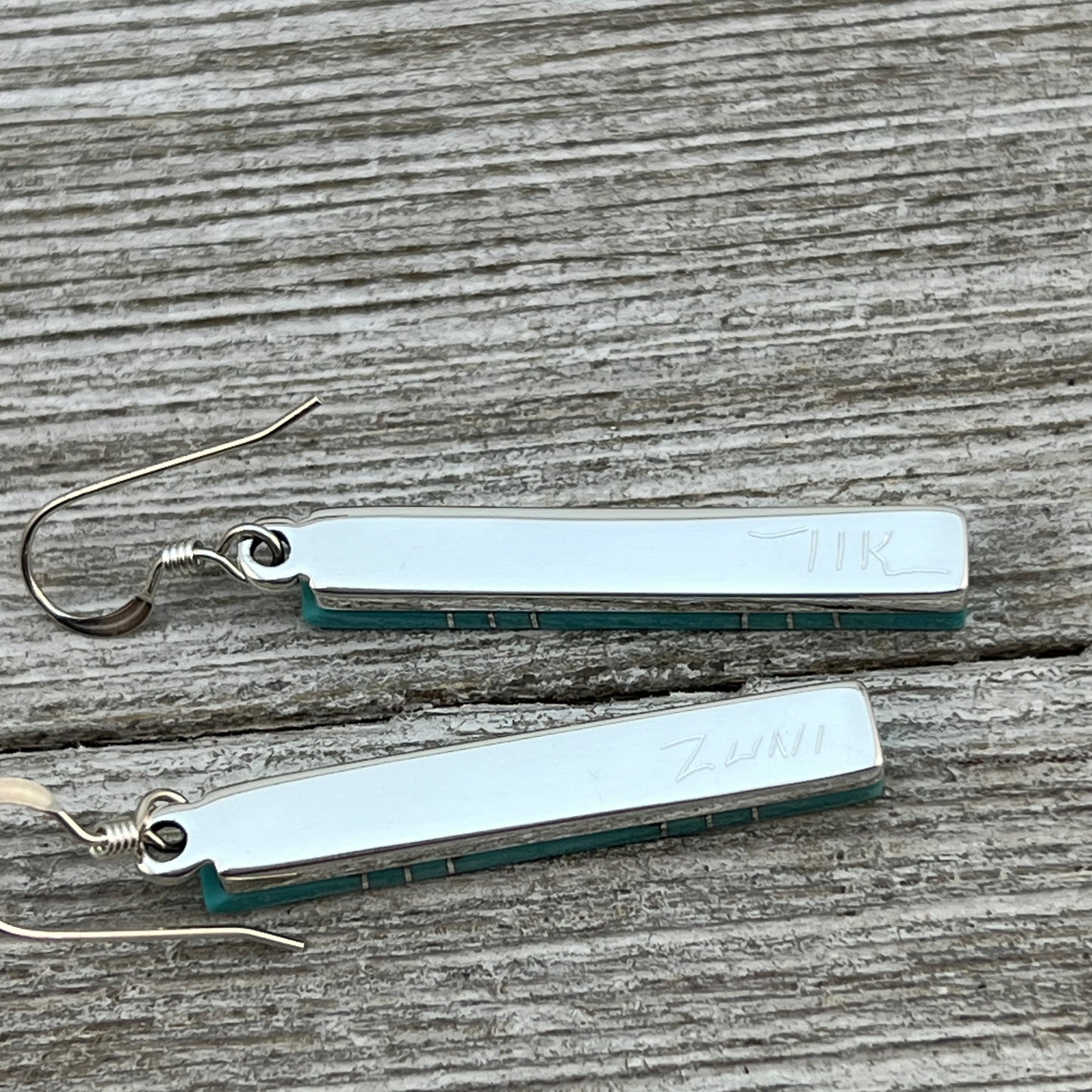 Modern Blue Turquoise inlay bar dangle earrings 1 sterling silver Zuni MaDerral Kallestewa