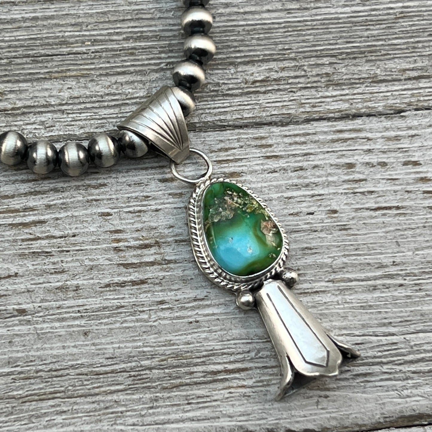 16" sterling silver 5mm bead necklace squash blossom pendant Sonoran Gold Navajo Boho
