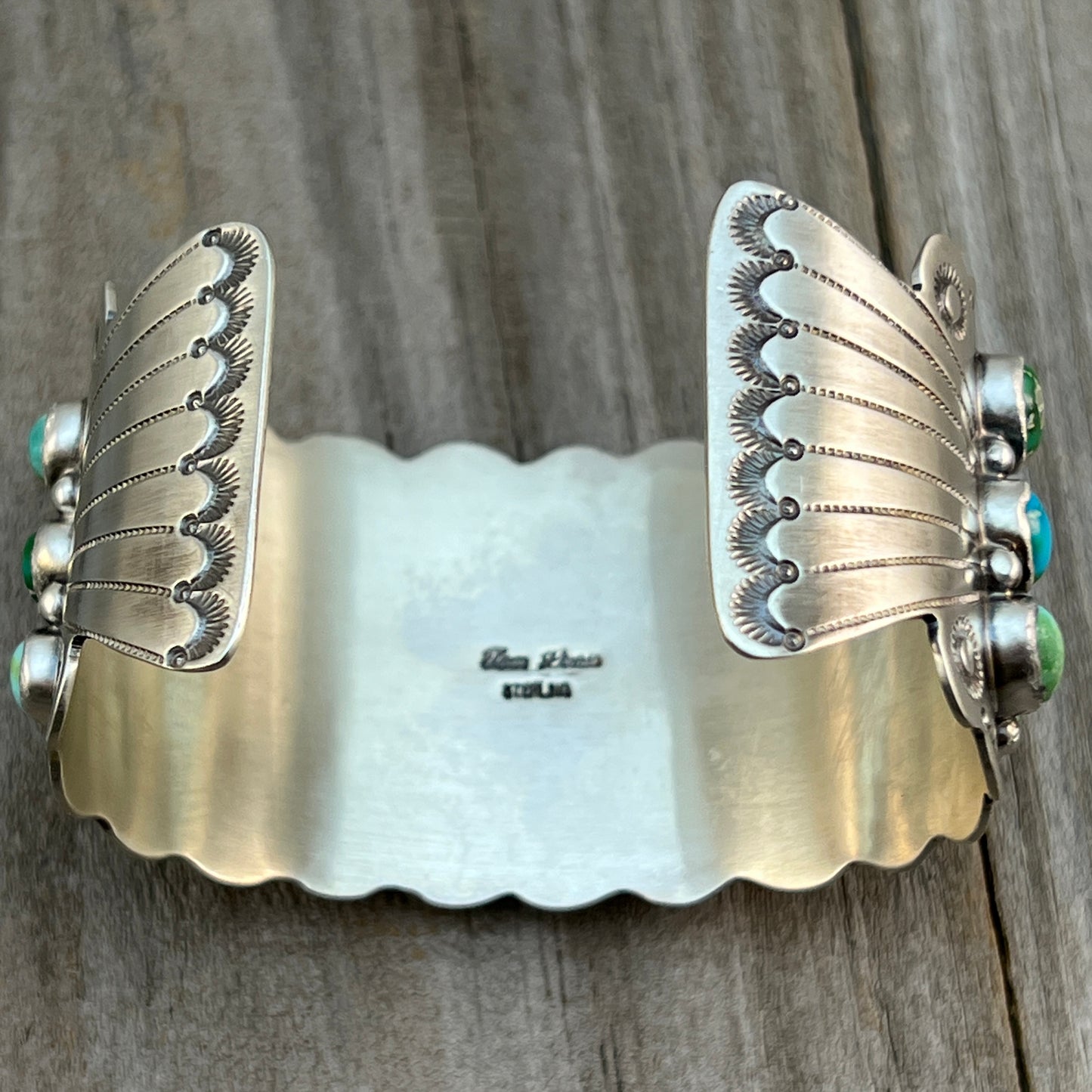 6 3/4" Green Blue Sonoran Turquoise Cuff Bracelet Sterling Silver Tom Lewis 513