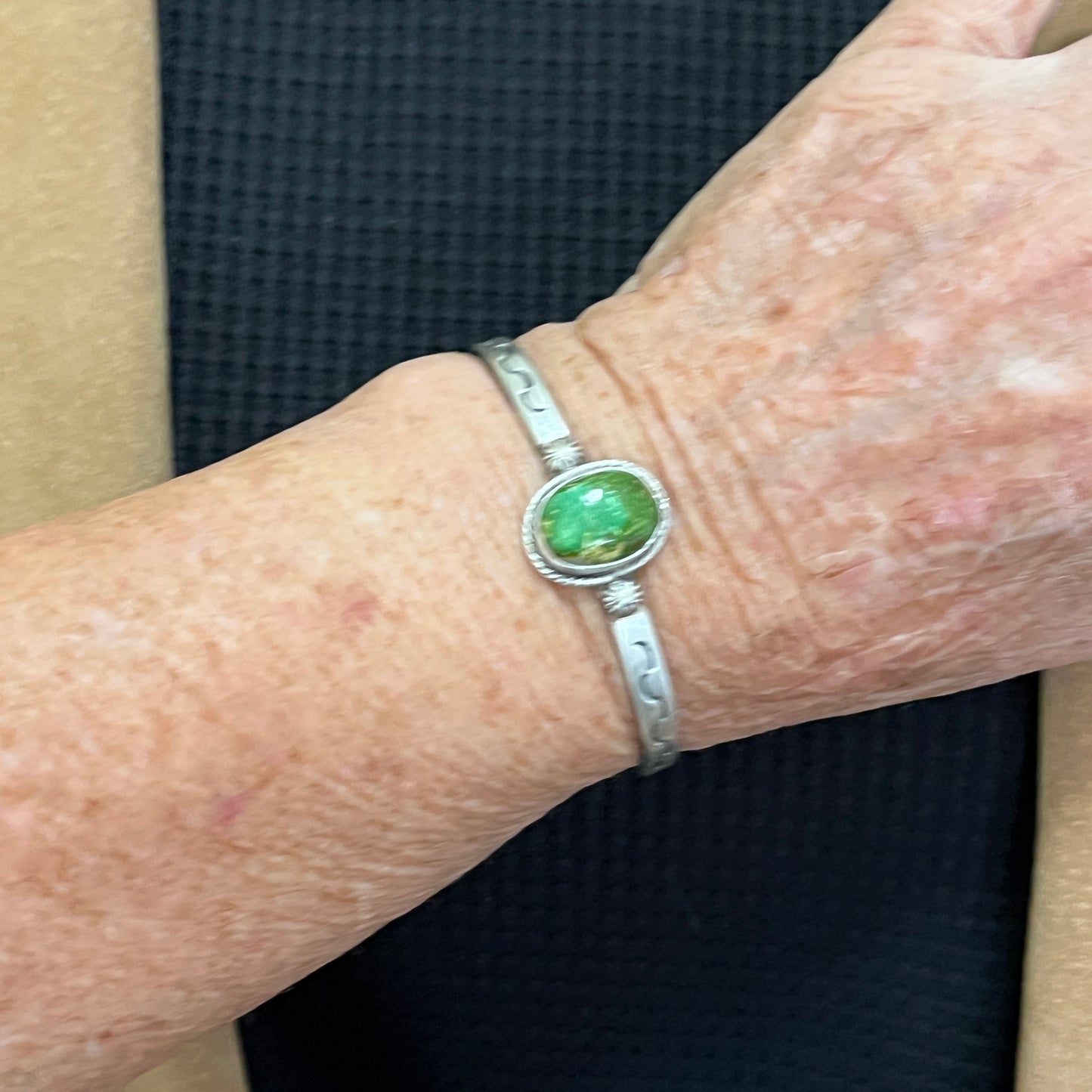 6.75" Green Sonoran Gold turquoise Cuff Bracelet, Sterling Silver Navajo Samuel Yellowhair