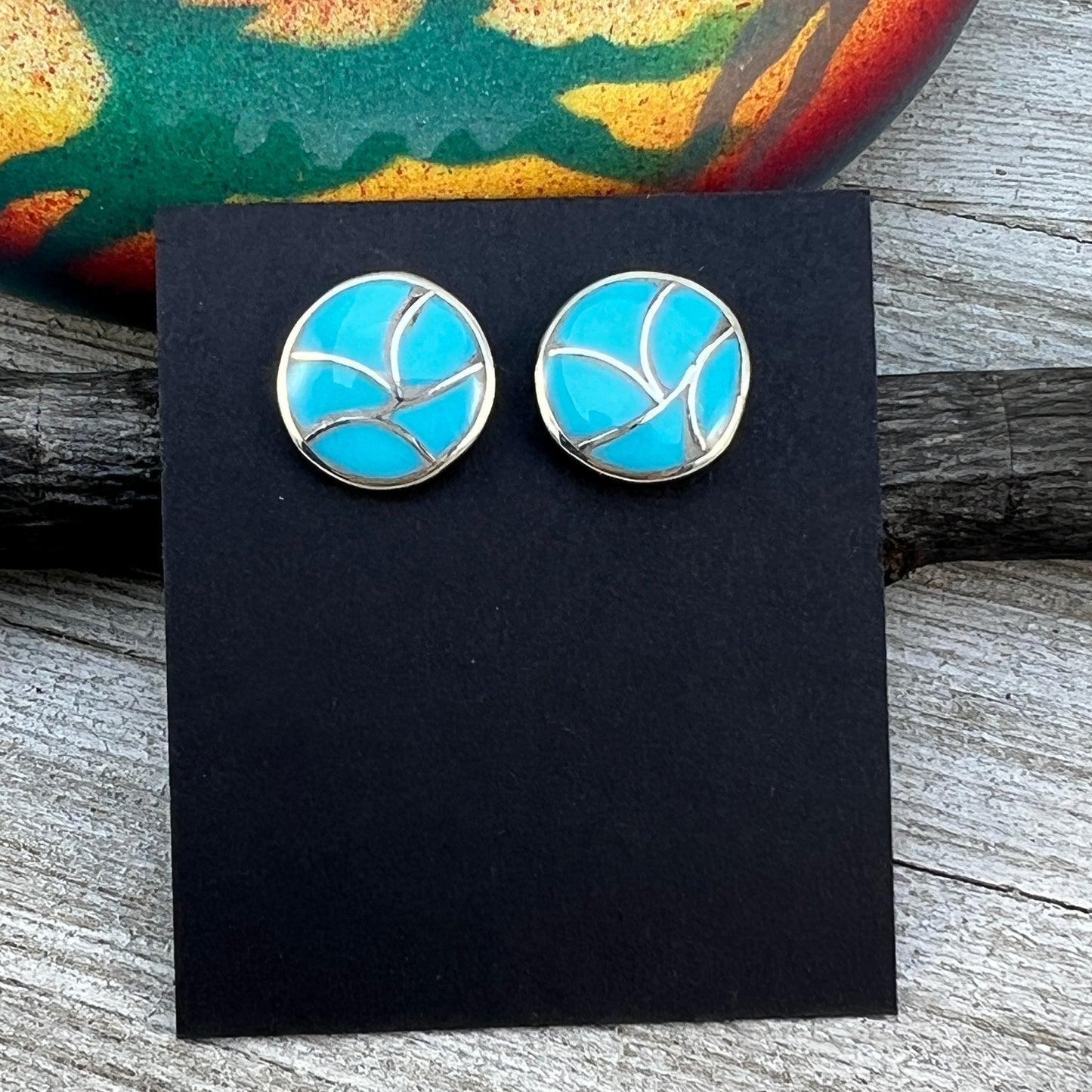 Zuni inlay turquoise fish scale small round stud earrings sterling silver Orena Leekya 4