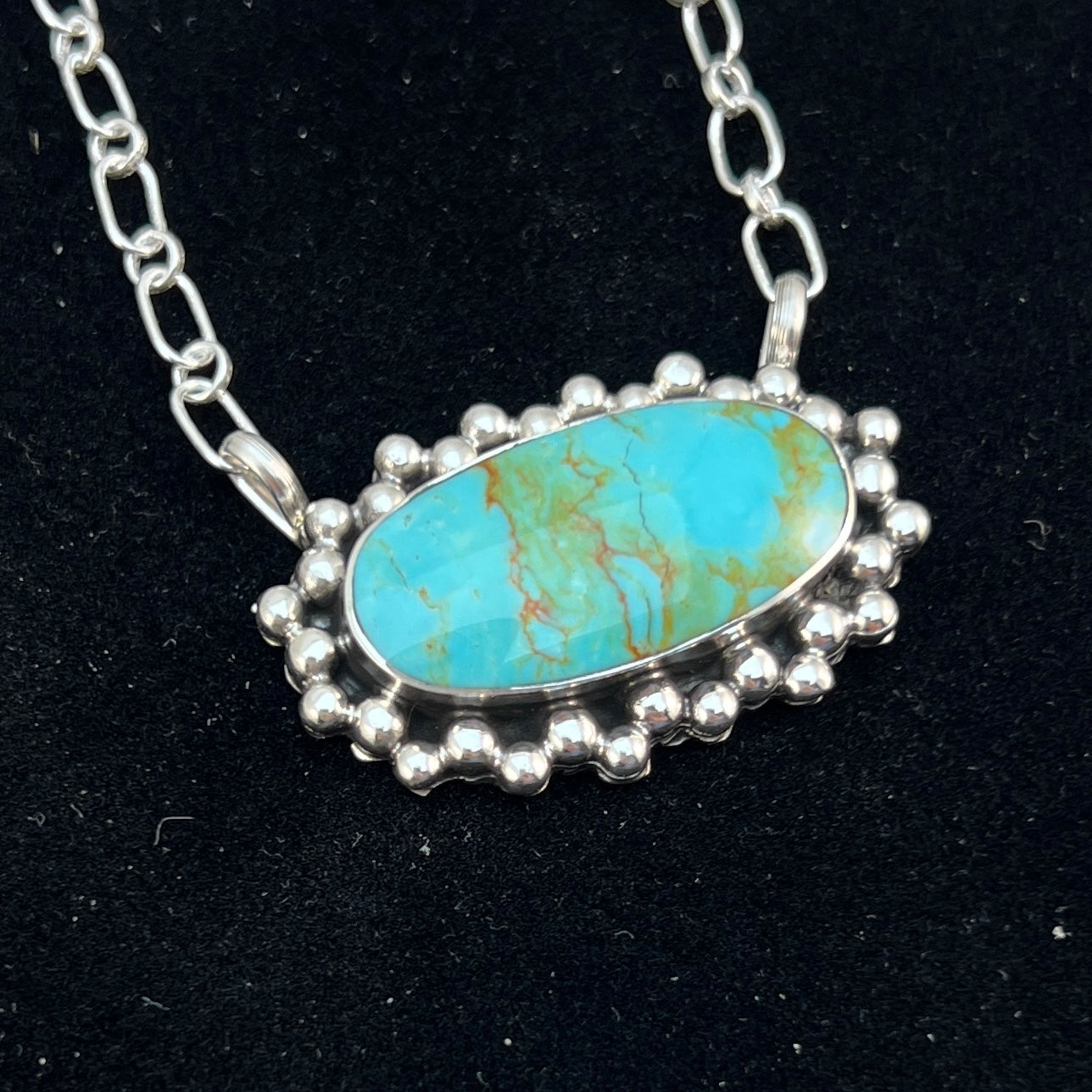 Kingman turquoise oval bar station necklace 4 sterling silver Gregg Yazzie