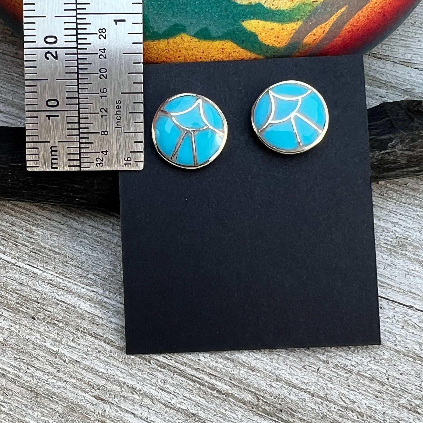 Zuni inlay turquoise fish scale small round stud earrings sterling silver Orena Leekya 1