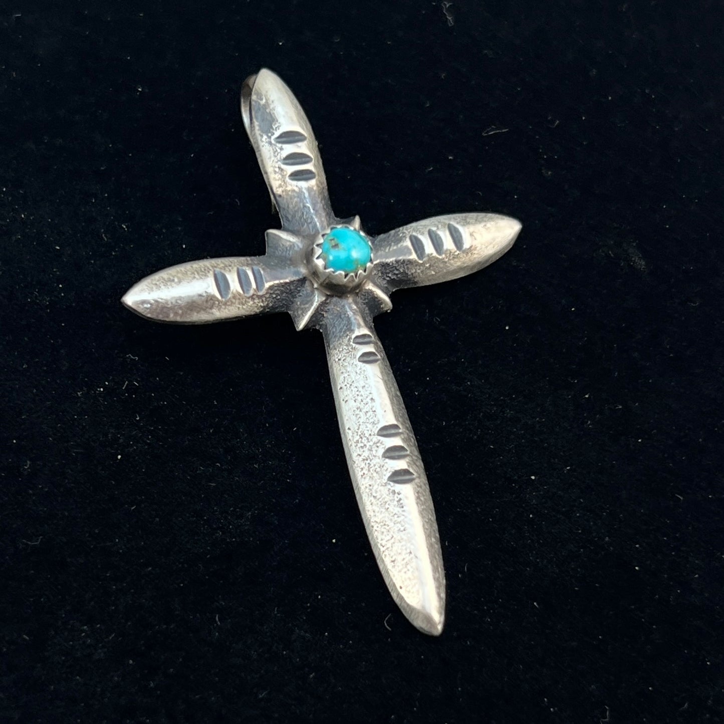 Narrow Turquoise Cross Pendant Sterling Silver Navajo handmade Martha Cayatineto