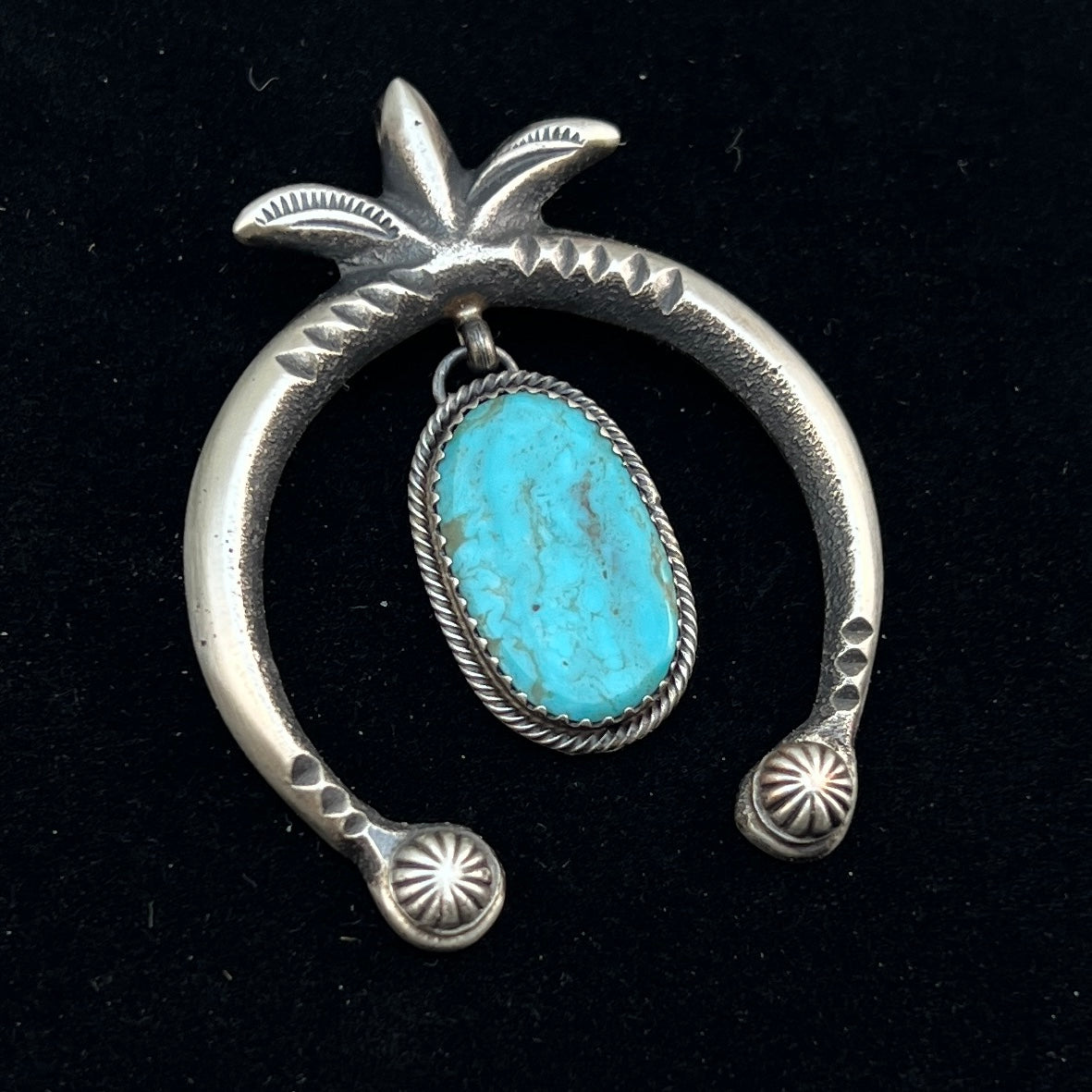 Kingman Turquoise Small naja Pendant, Tufa Cast, Navajo Sterling Silver Martha Cayatineto 1