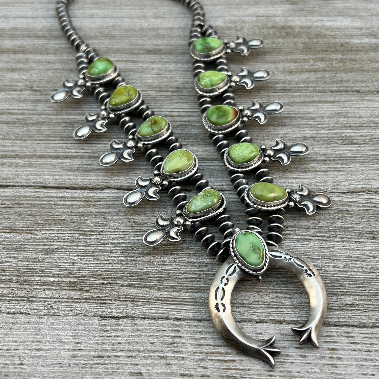 Sonoran Gold Green Turquoise Small Squash Blossom Necklace, Adrienne Gordon Navajo 2