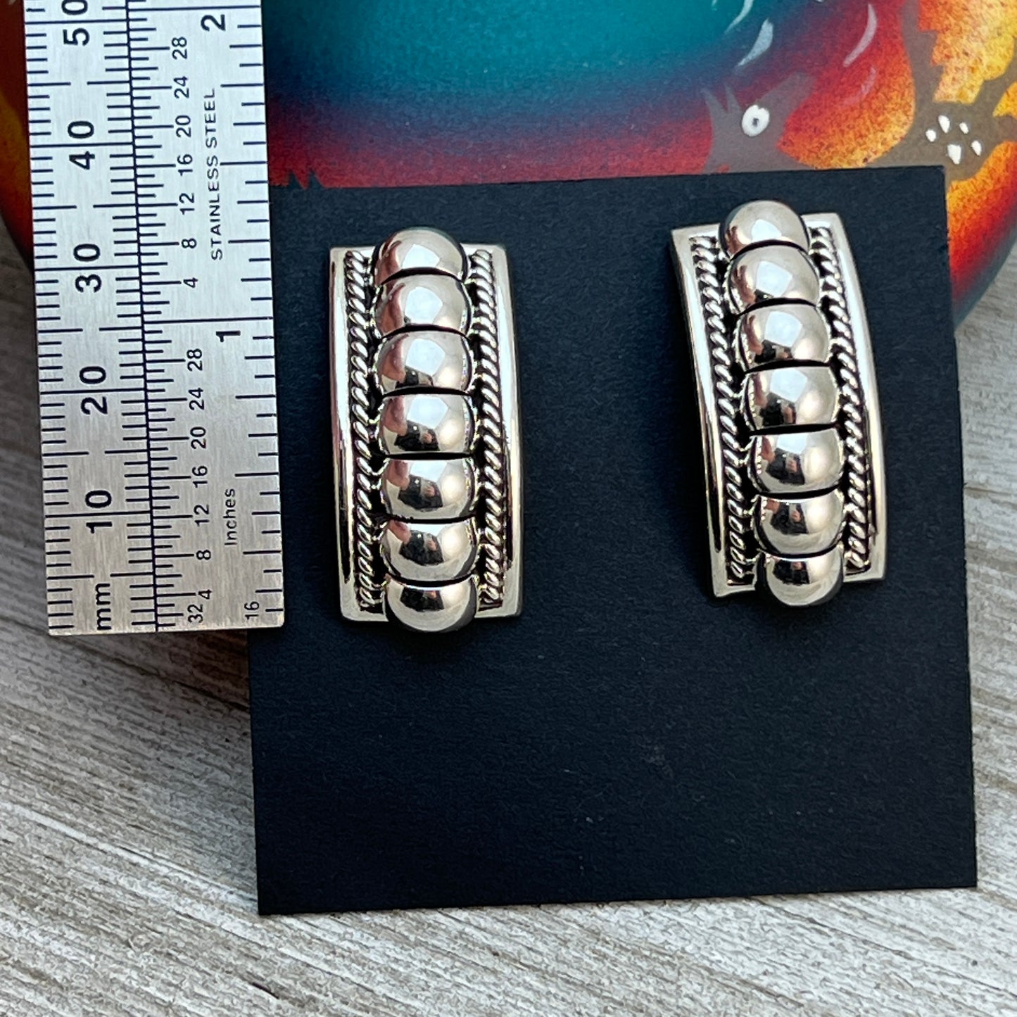 Modern Sterling silver Navajo handmade Bar ribbed rectangle earrings, Thomas Charley