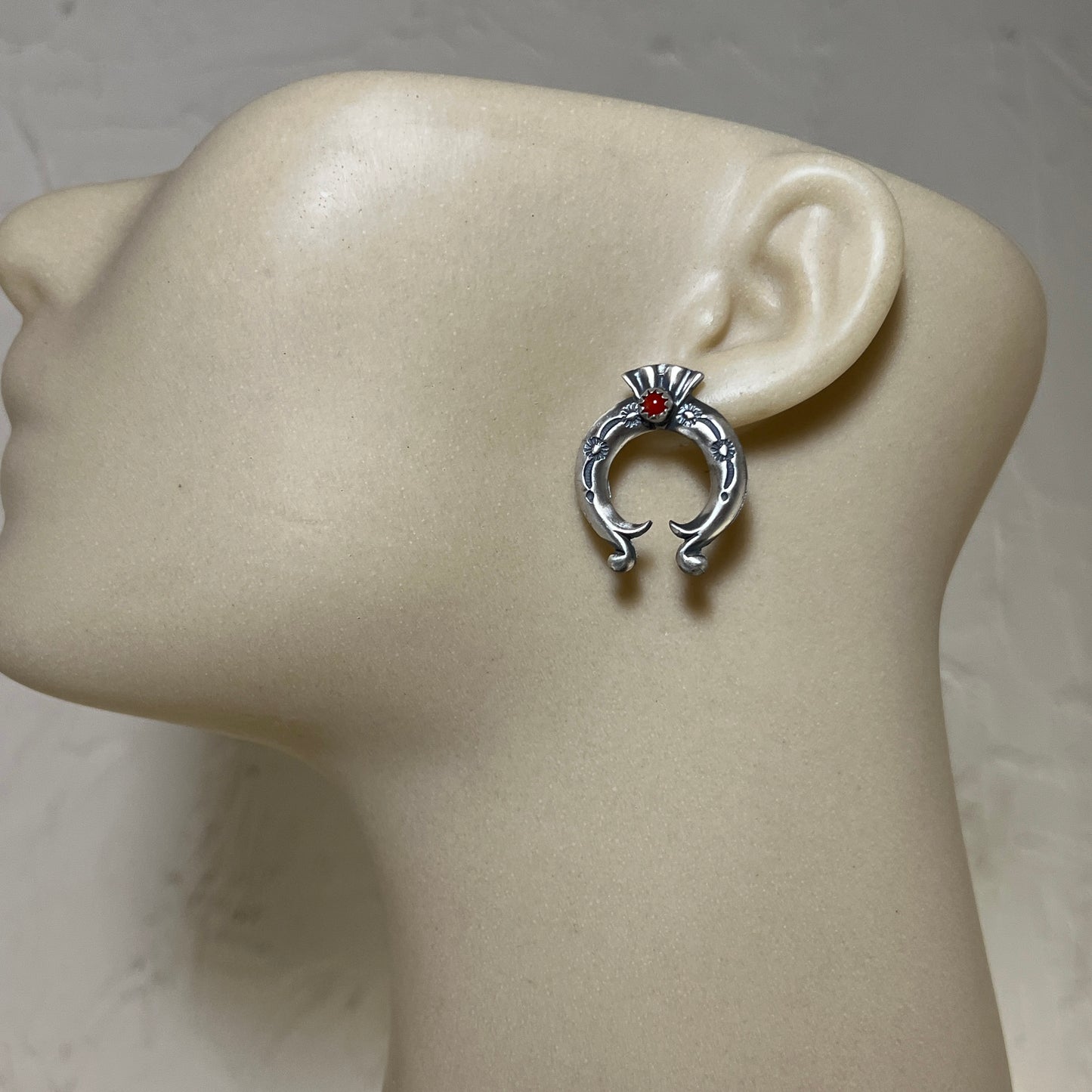Red Mediterranean Coral Naja stud Earrings Navajo Adrienne Gordan Sterling Silver 1