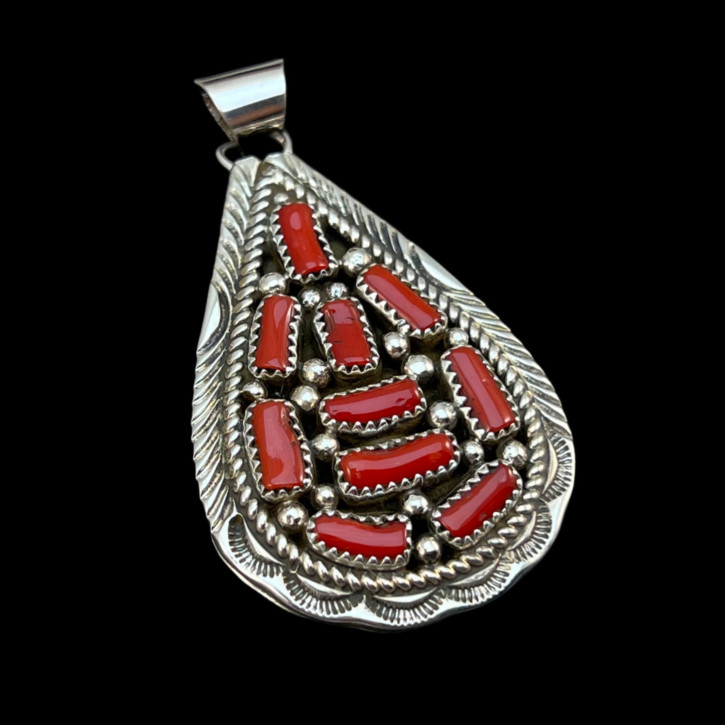 Mediterranean Red Coral Cluster Pendant Navajo handmade Marlene Jones Sterling Silver 2
