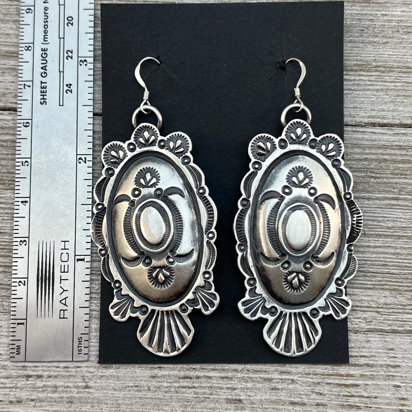 Hand Stamped oval concho earrings, sterling silver, Eva and Linberg Billah