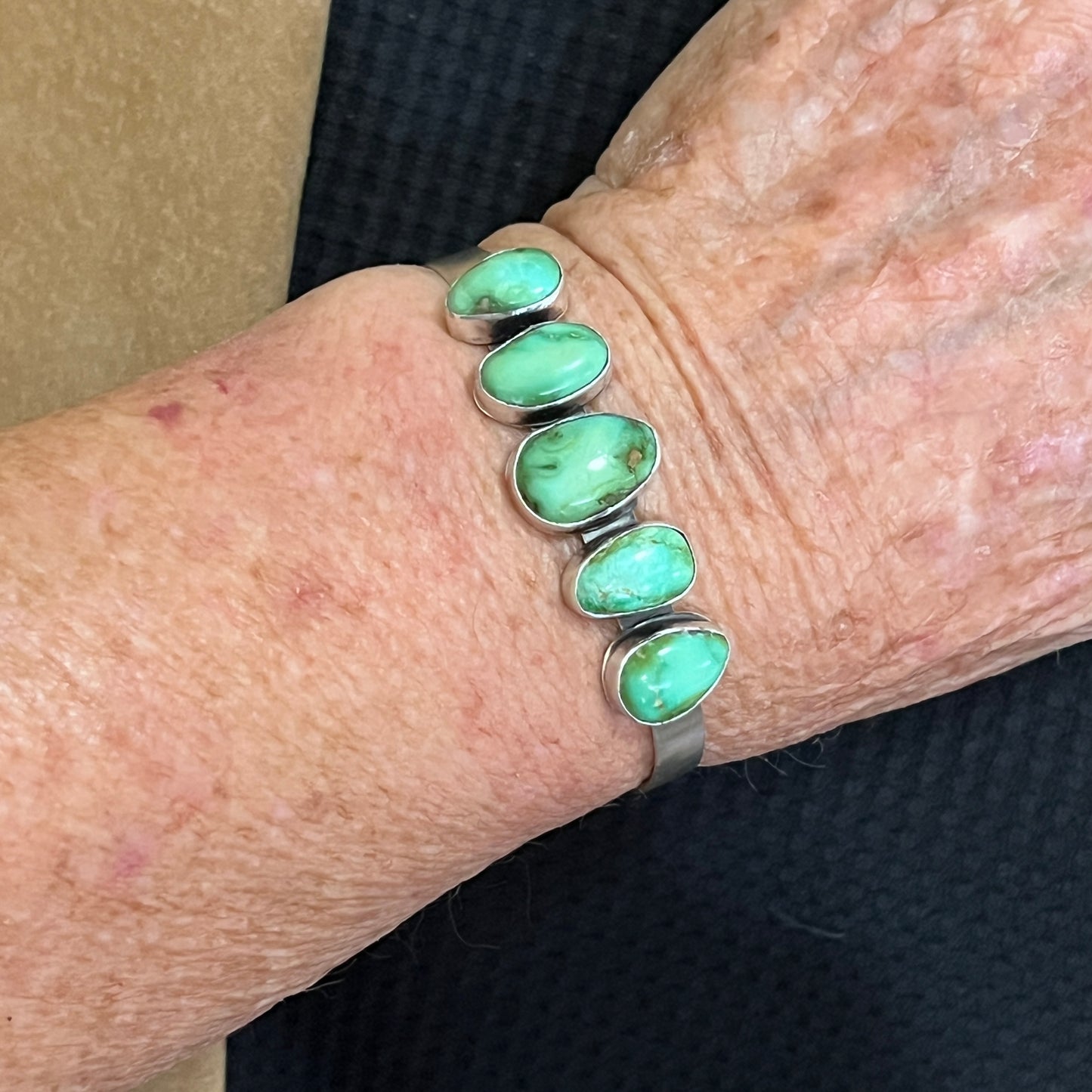 6 1/4" Sonoran Gold Turquoise Cuff Bracelet Sterling silver Navajo Tom Lewis boho