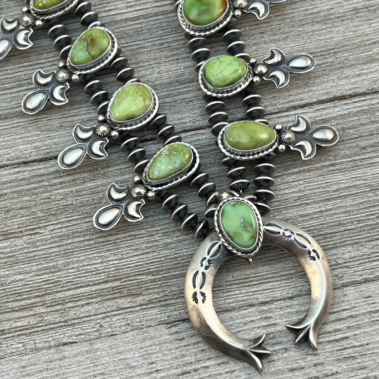 Sonoran Gold Green Turquoise Small Squash Blossom Necklace, Adrienne Gordon Navajo 2