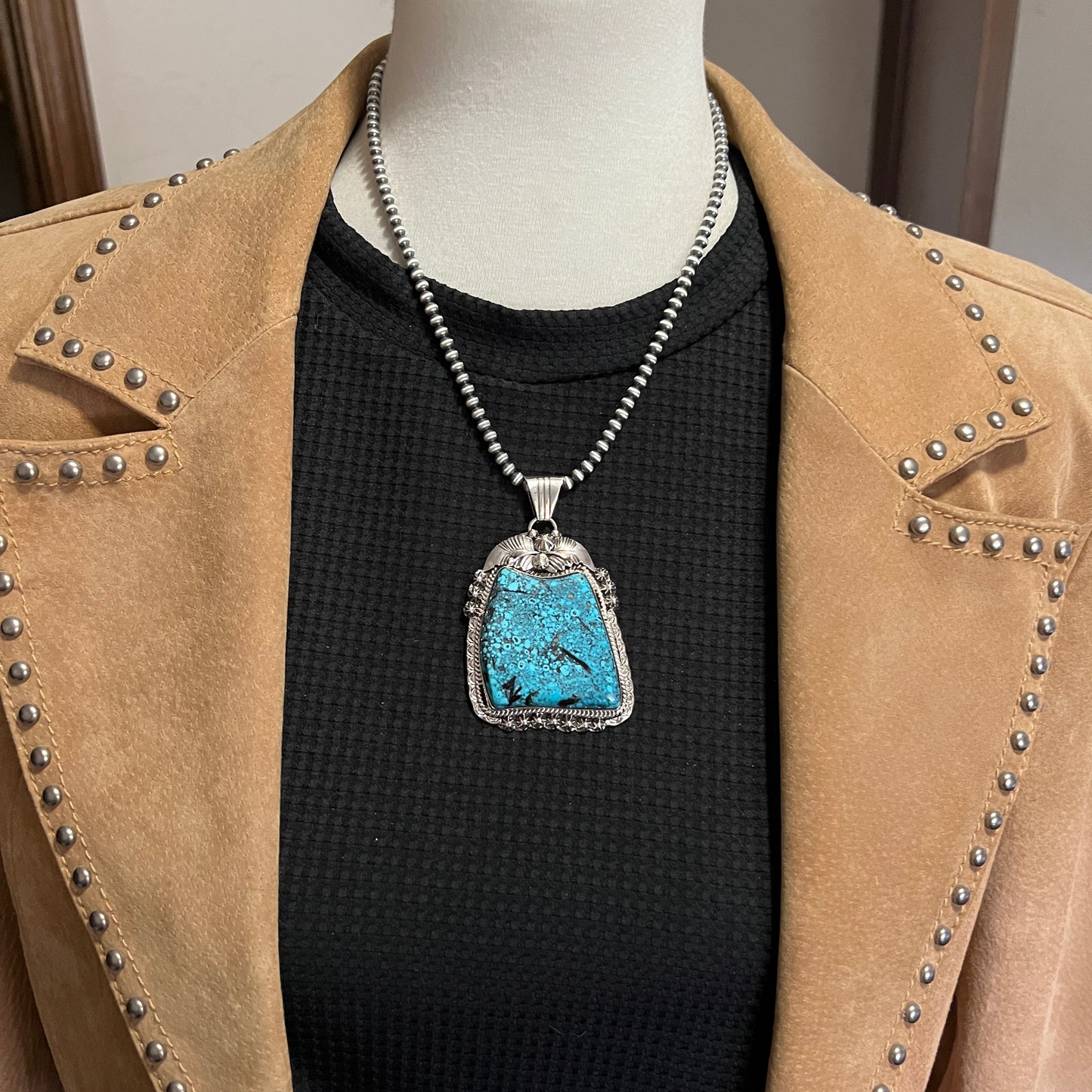 Blue Kingman Turquoise large Pendant Navajo Rita Long Sterling silver