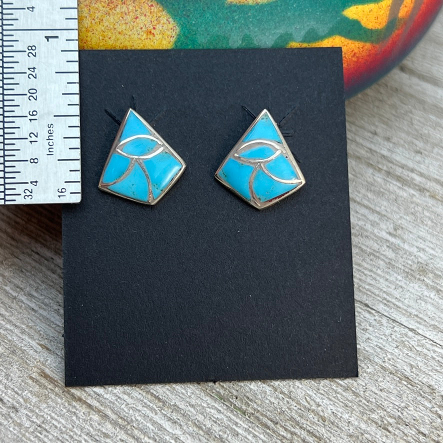 Small Zuni Fish scale inlay turquoise stud post earrings, Orena Leekya 6