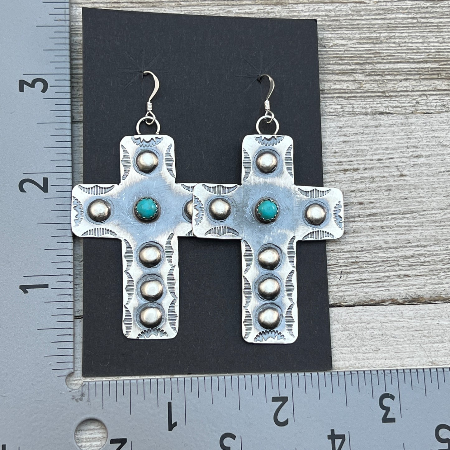 Navajo handmade large cross dangle earrings sterling silver turquoise Tim Yazzie 398