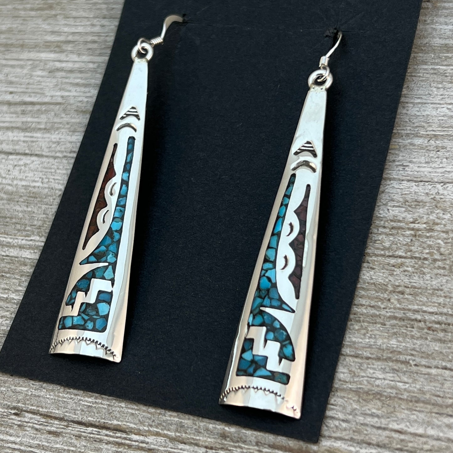 Turquoise coral chip inlay long earrings Navajo handmade signed Jolene Yazzie 1