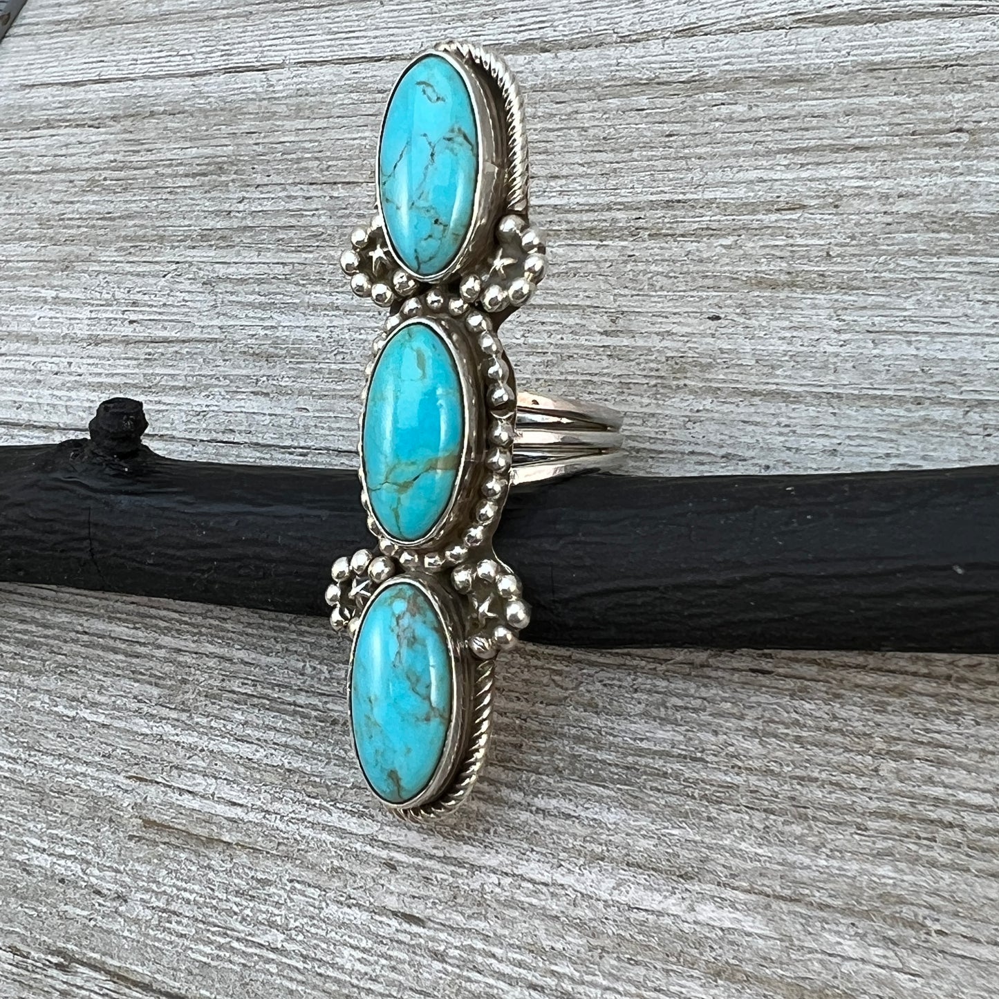 Size 8 Blue Campitos turquoise sterling silver long pointer ring Harold Becenti 489