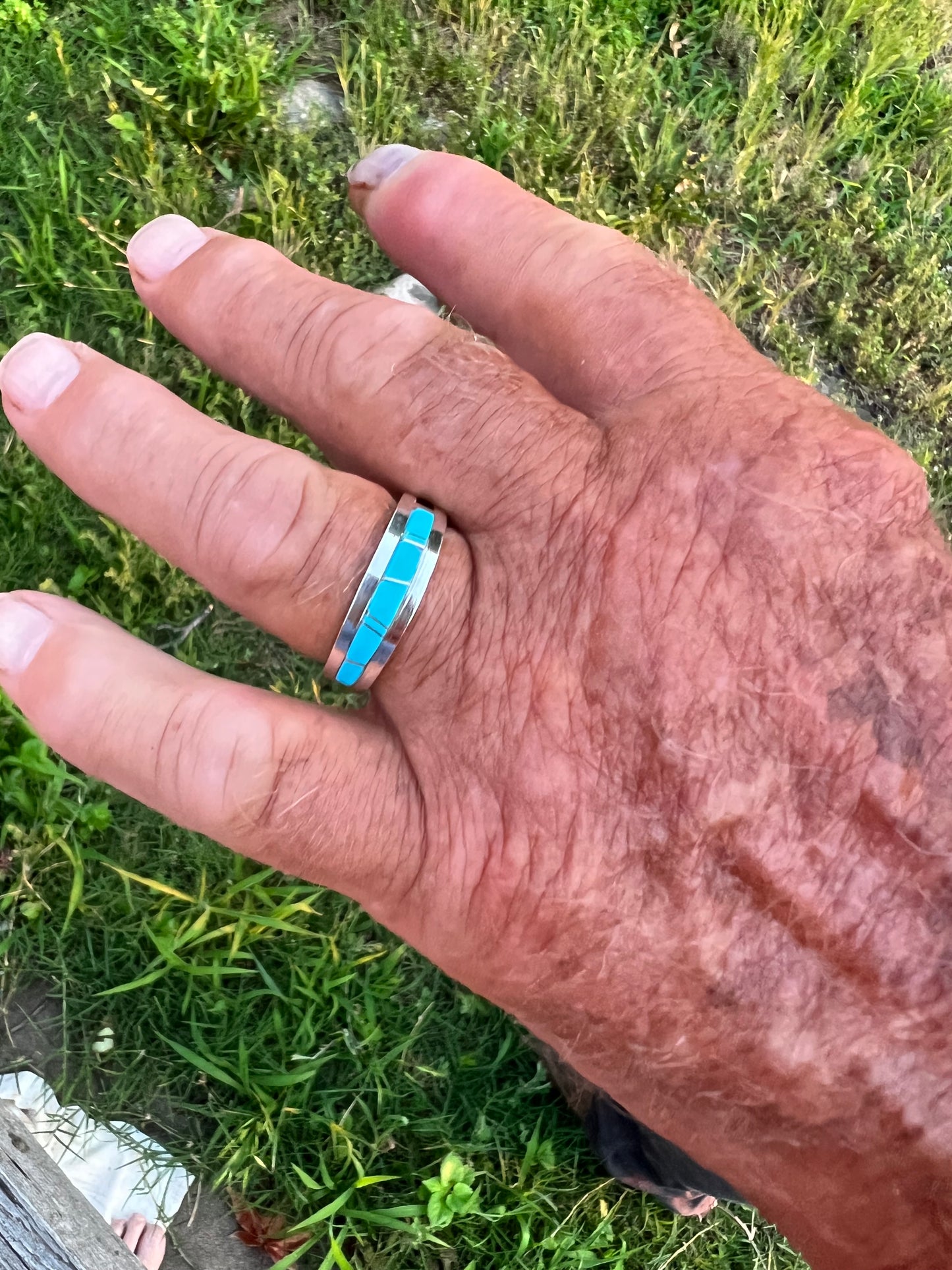 Narrow Kingman turquoise inlay band, Navajo handmade Wilbert Muskett, jr, sterling silver signed