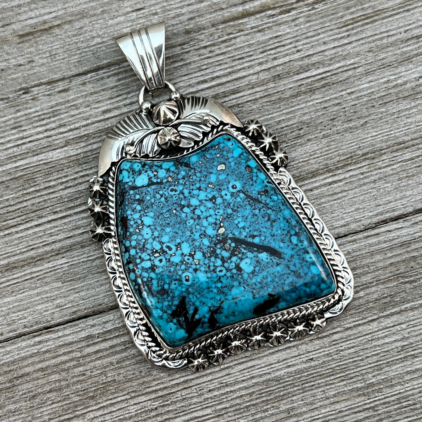 Blue Kingman Turquoise large Pendant Navajo Rita Long Sterling silver