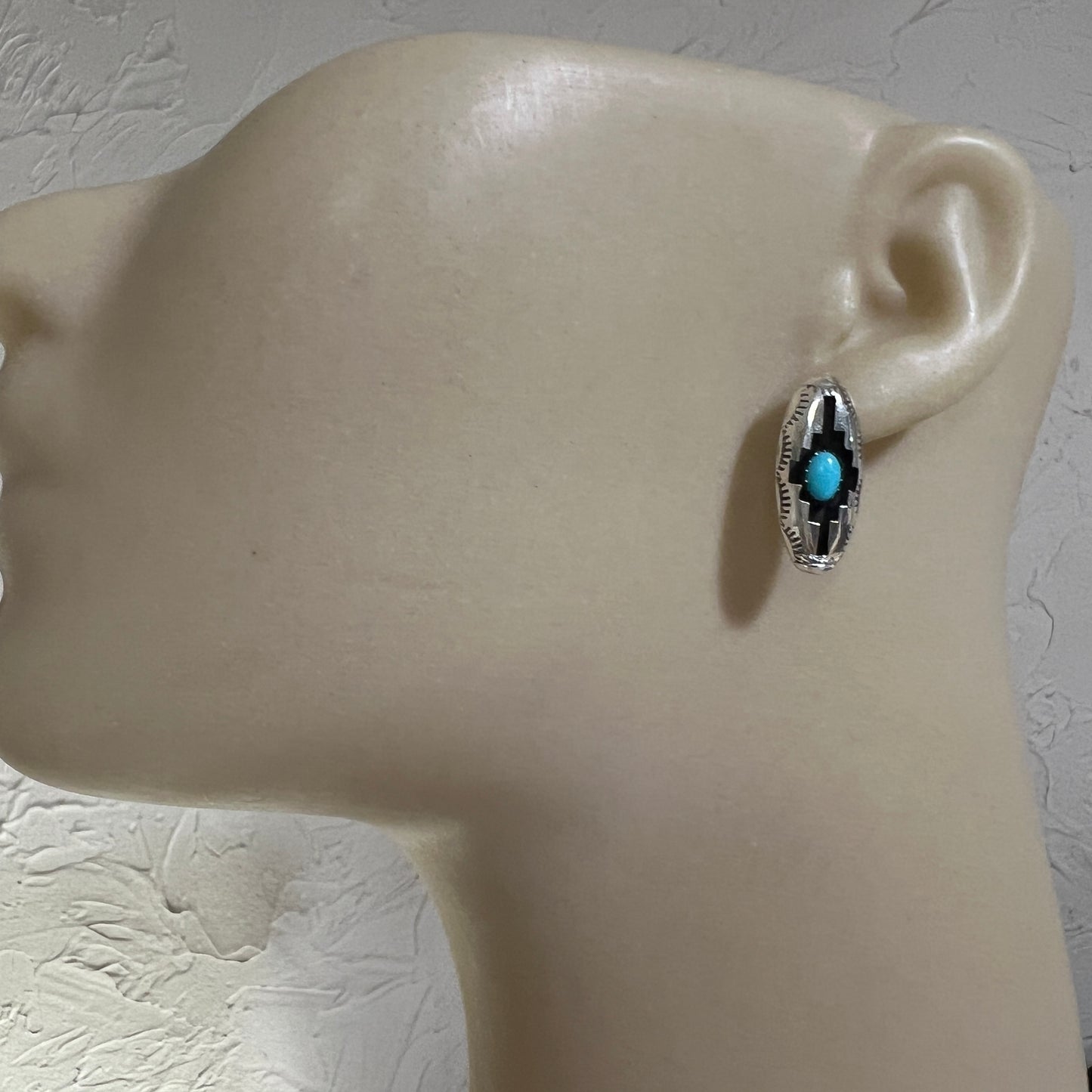 Small oval concho shadowbox post stud earrings, sterling silver turquoise Felix Perry