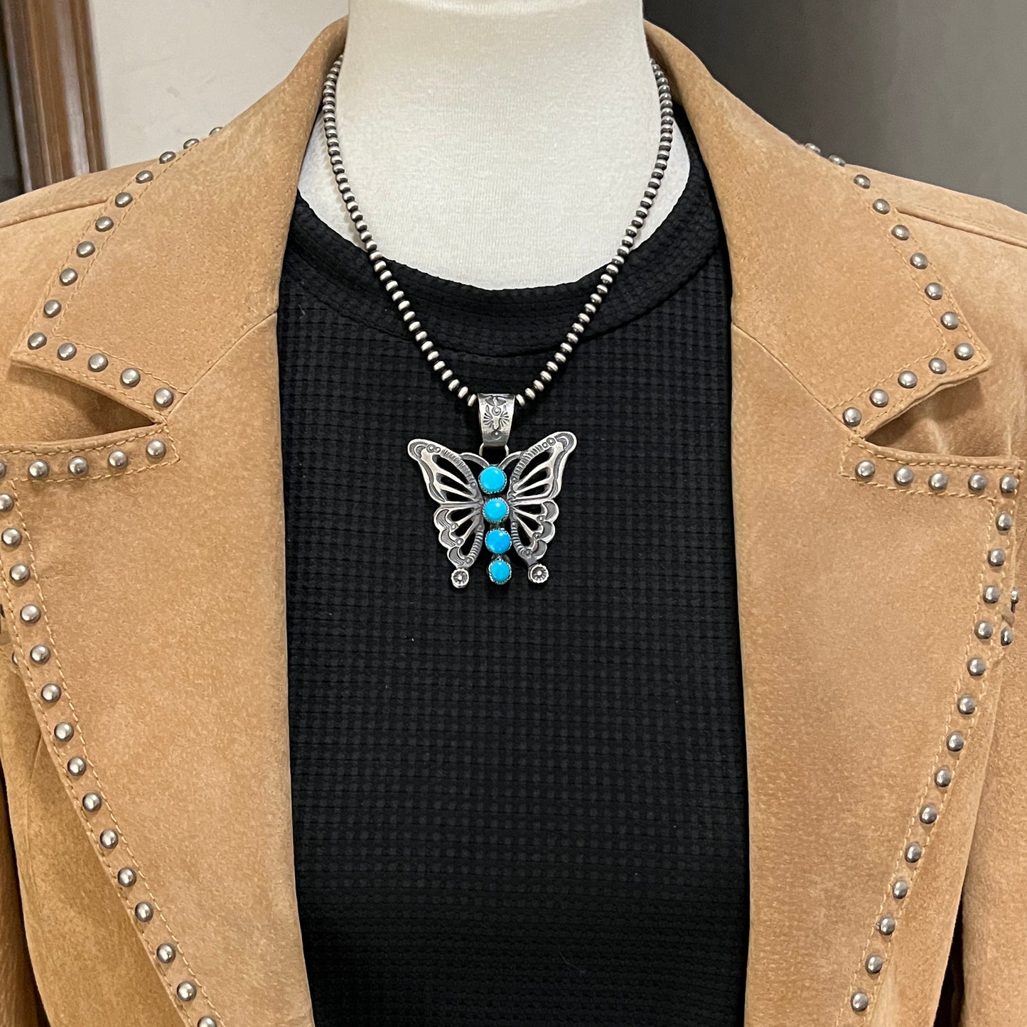 Blue Turquoise Butterfly Pendant Sterling Silver Navajo handmade Eva Linberg Billah