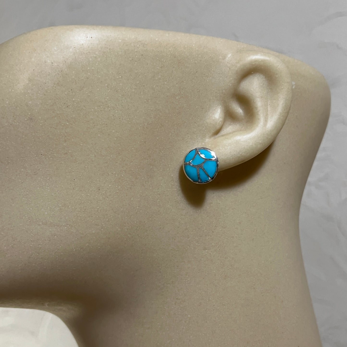 Zuni inlay turquoise fish scale small round stud earrings sterling silver Orena Leekya 1